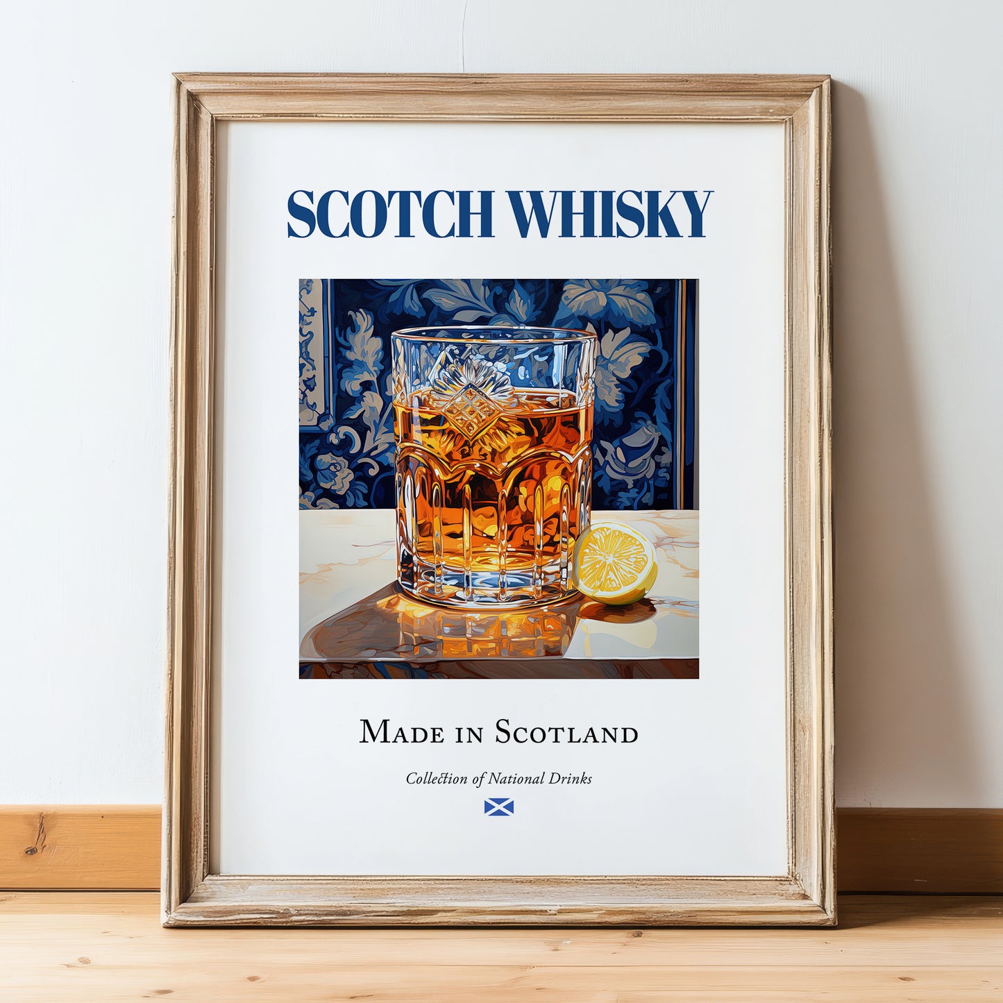 Scotch Whisky – Scottish Spirit Drink, Sky Bar Poster, in wooden frame leaning on the floor