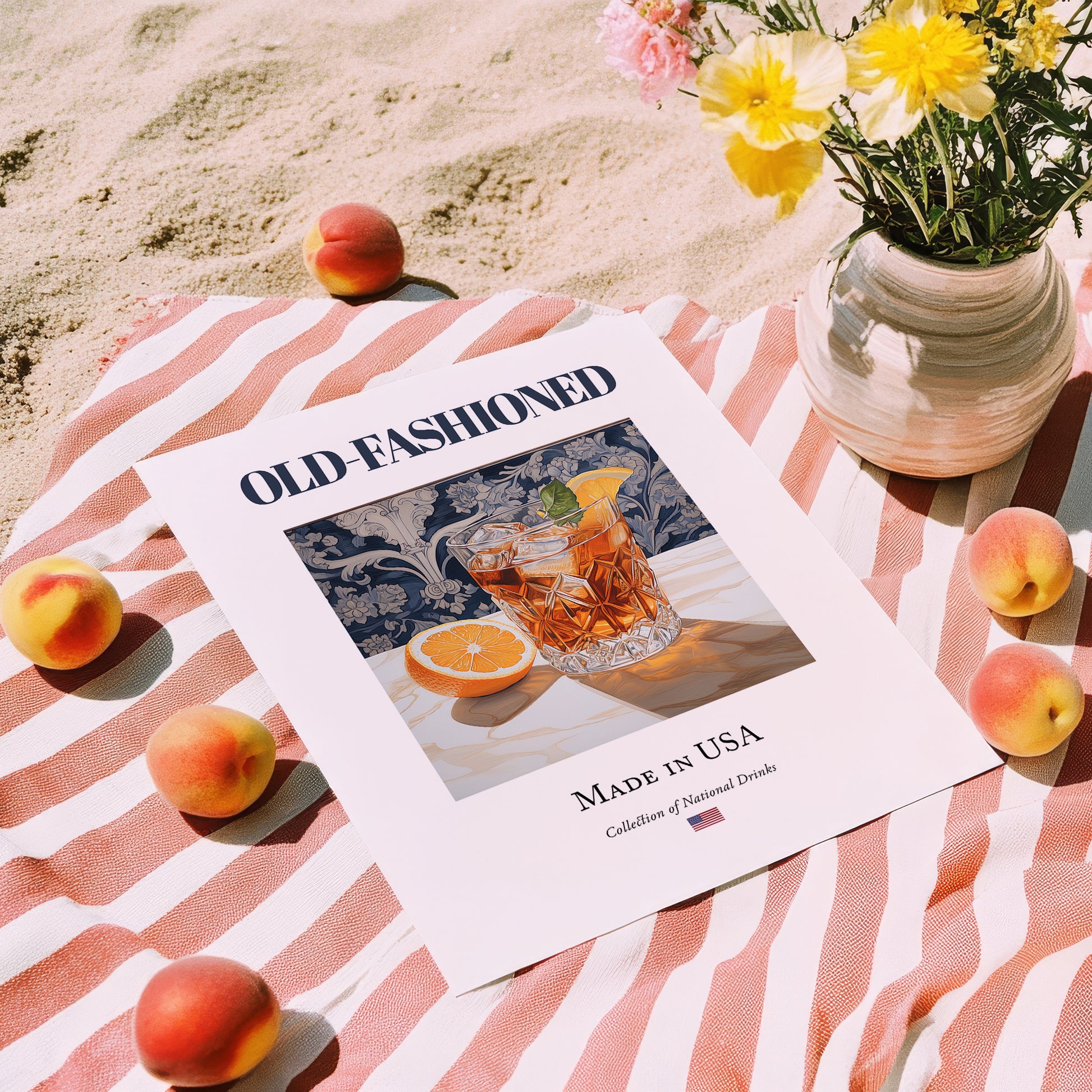 Old-Fashioned – American Cocktail Drink, Hotel Lobby Wall Art, unframed on coastal sand