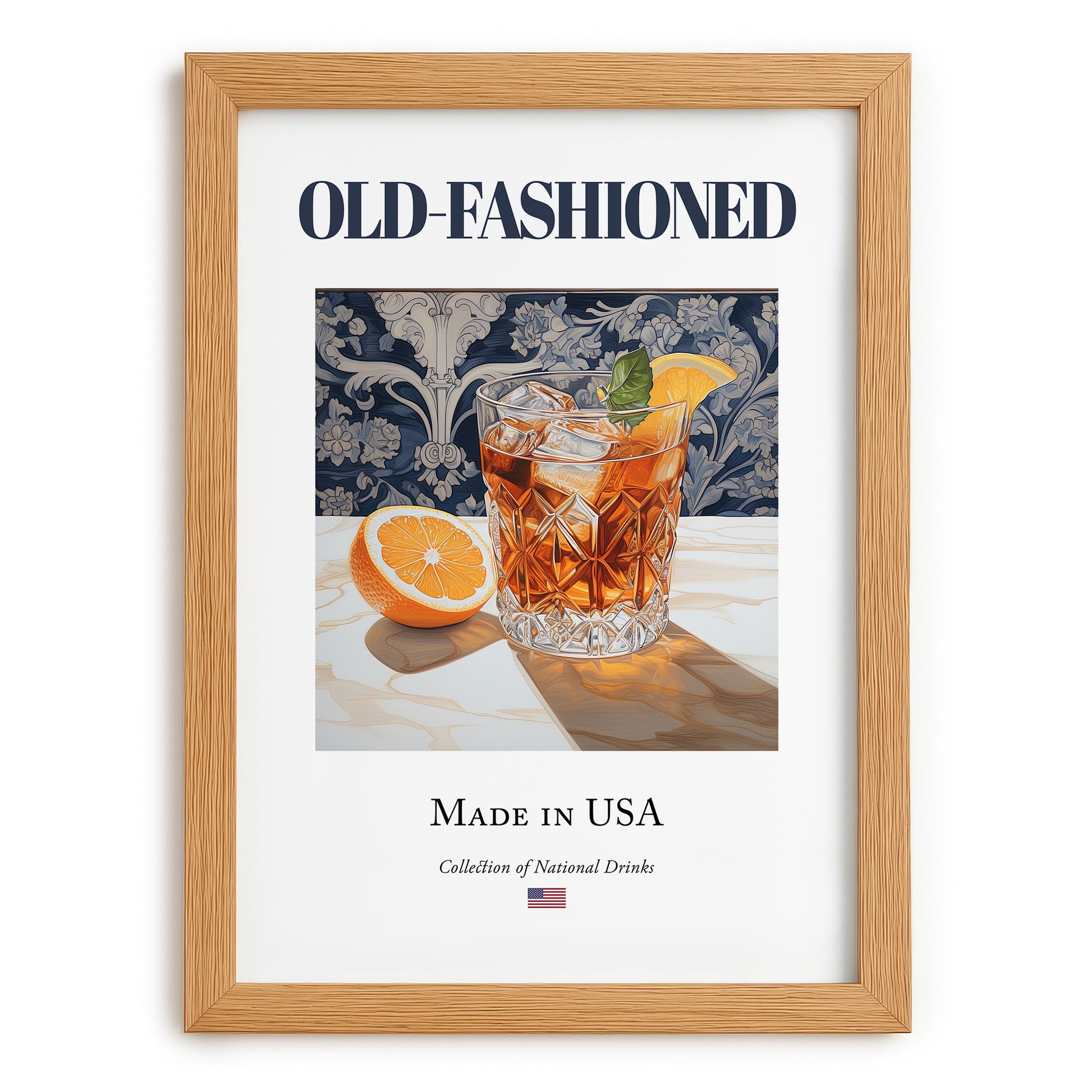 Old-Fashioned – American Cocktail Drink, Hotel Lobby Wall Art, set in oak frame