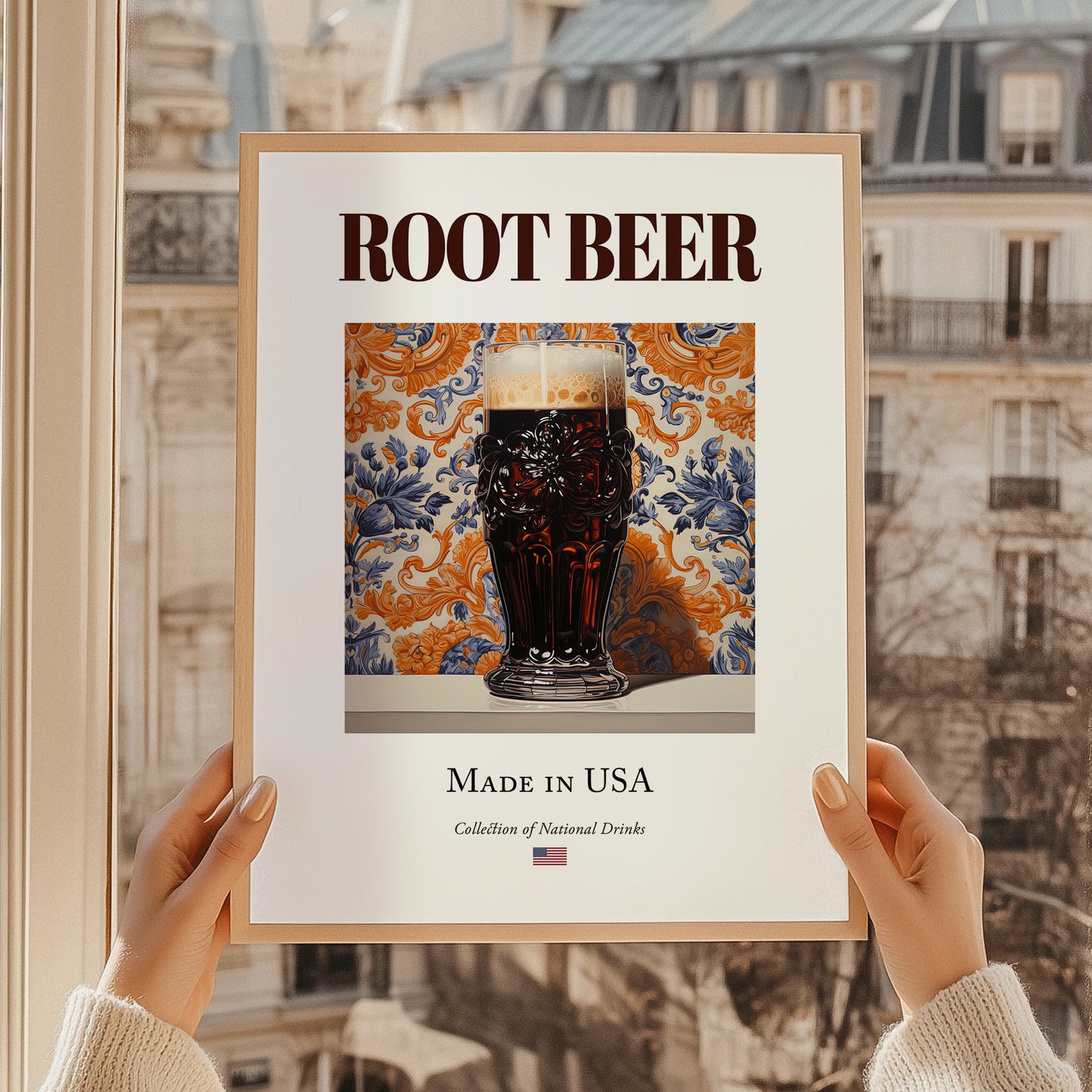 Root Beer – American Beverage Drink, Speakeasy Print, styled in a charming Paris street view