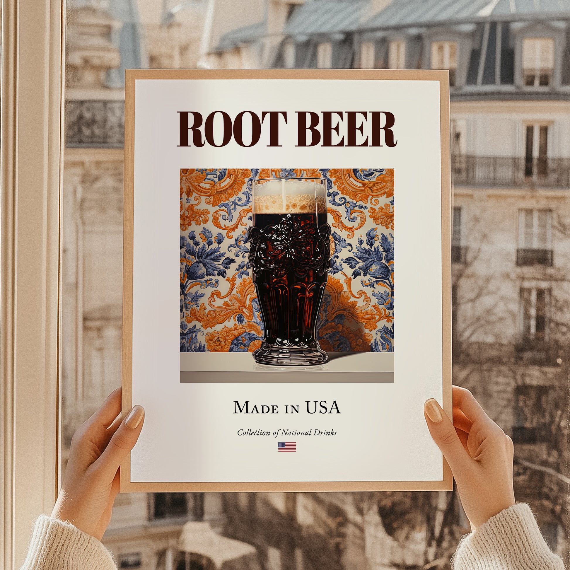 Root Beer – American Beverage Drink, Speakeasy Print, styled in a charming Paris street view