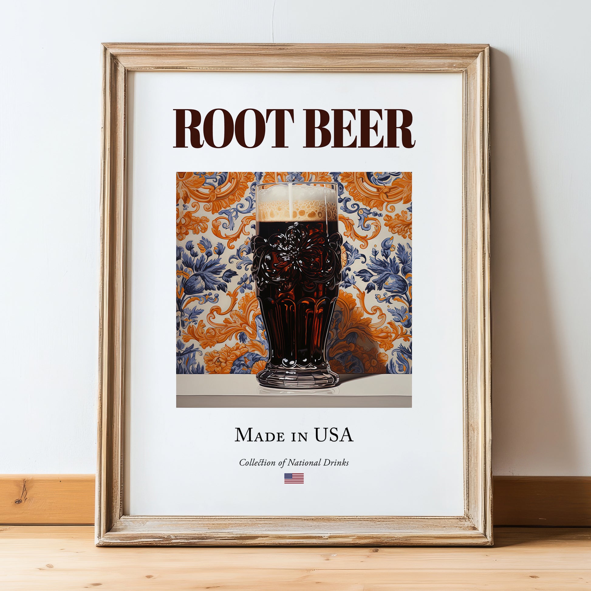 Root Beer – American Beverage Drink, Speakeasy Print, in wooden frame leaning on the floor
