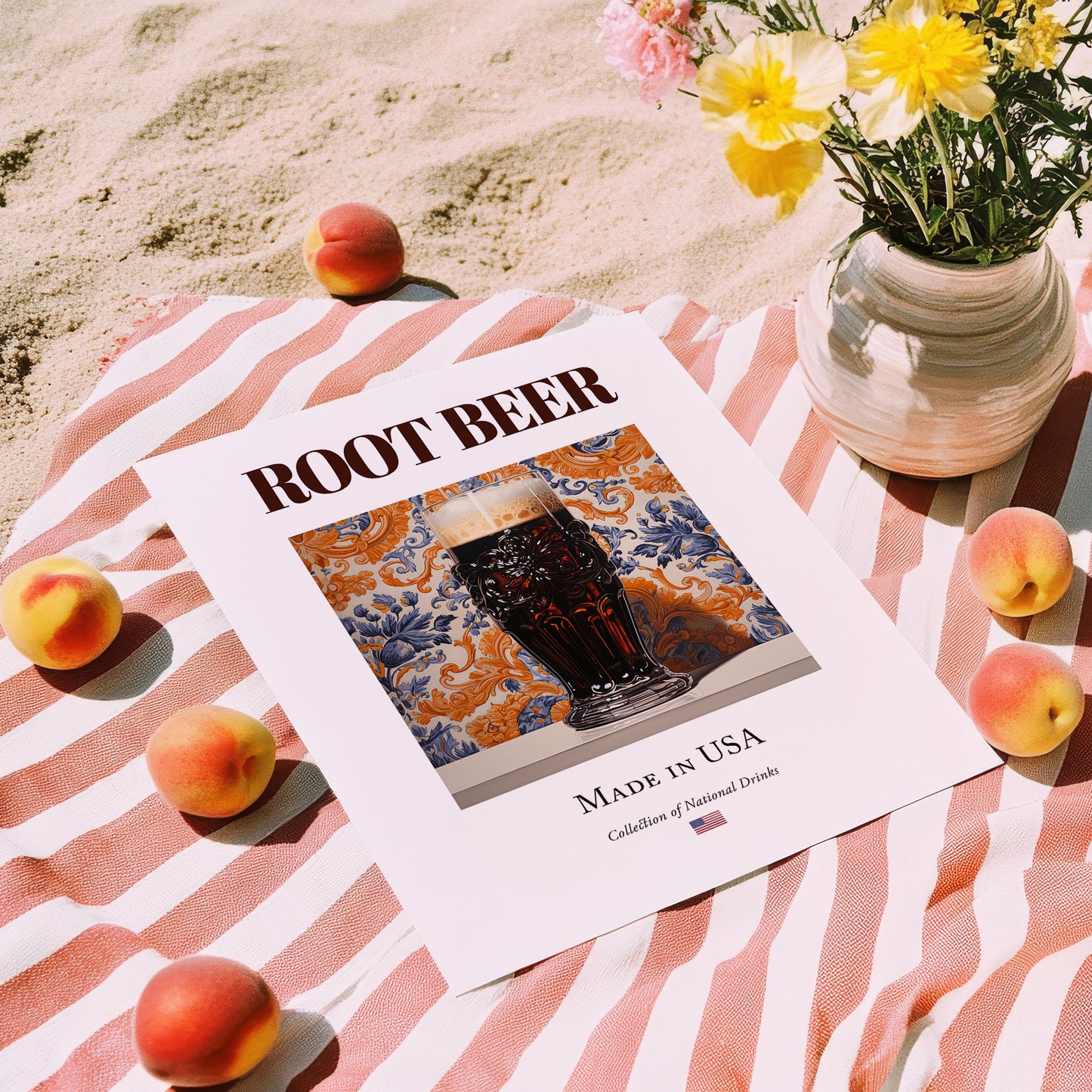 Root Beer – American Beverage Drink, Speakeasy Print, unframed on coastal sand