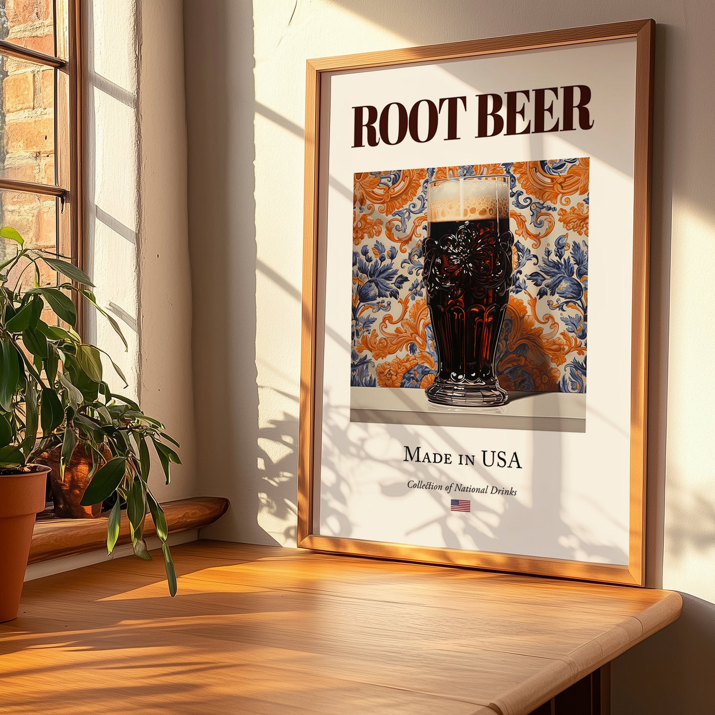Root Beer – American Beverage Drink, Speakeasy Print, no-text version framed in wood