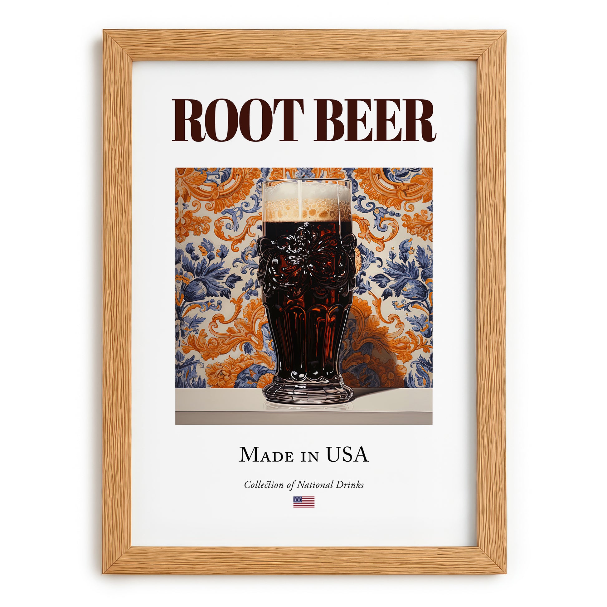 Root Beer – American Beverage Drink, Speakeasy Print, set in oak frame