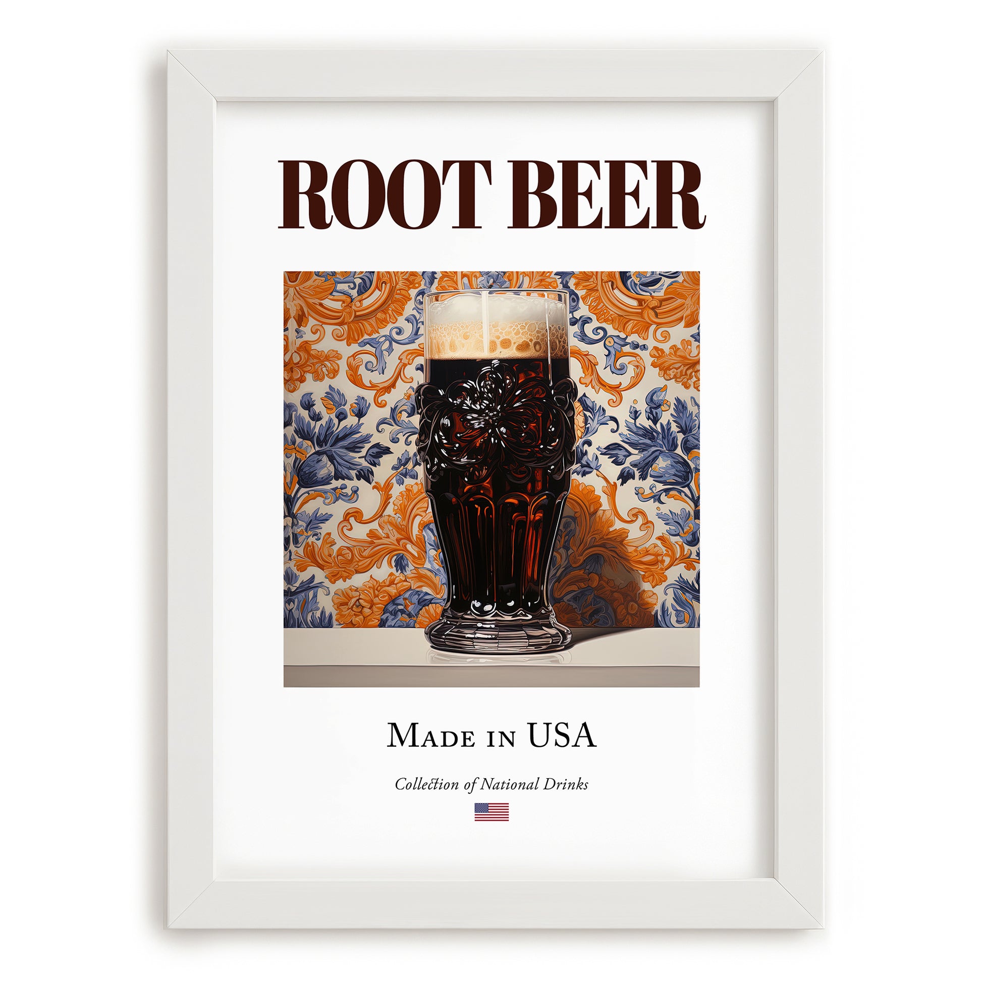 Root Beer – American Beverage Drink, Speakeasy Print, placed in minimal white frame
