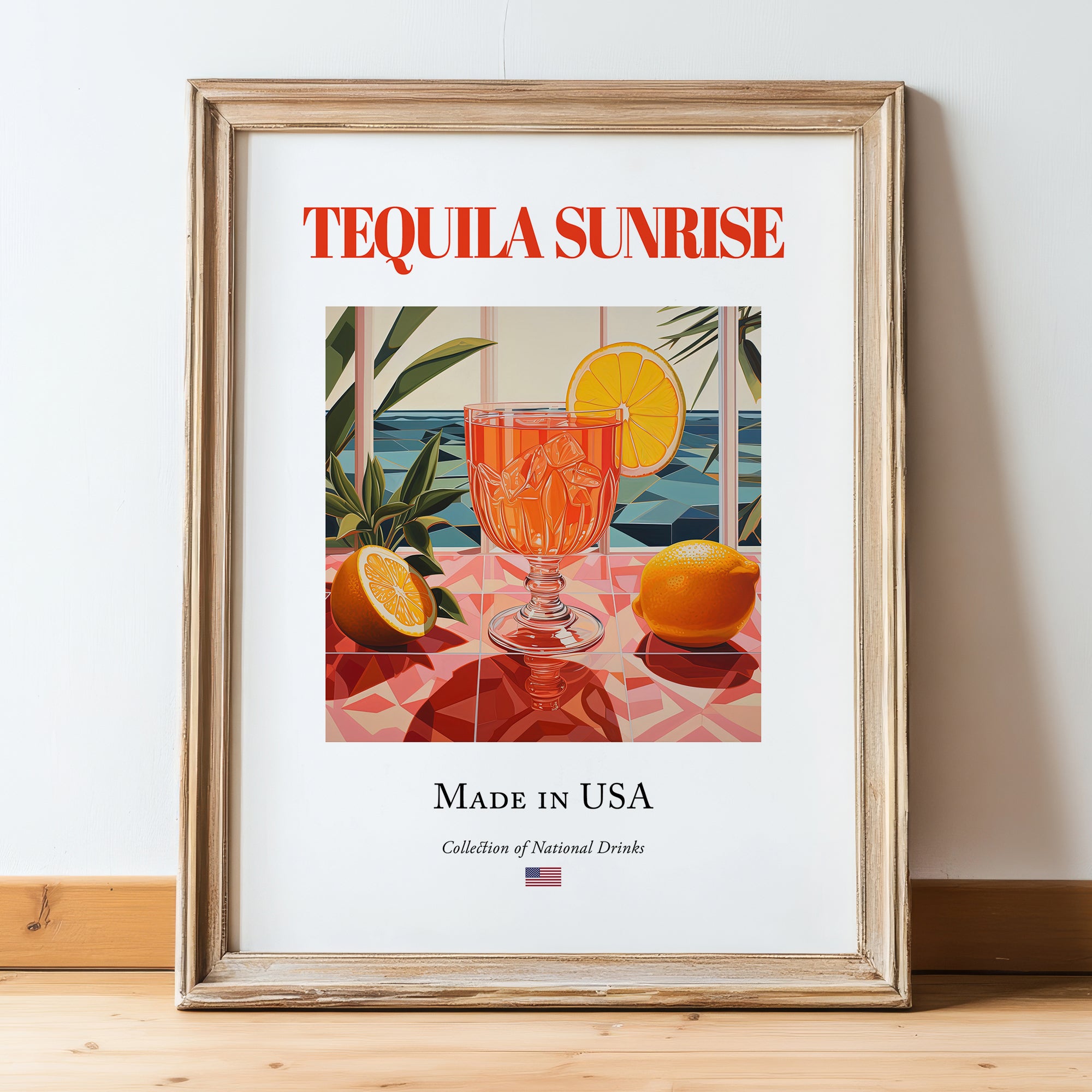 Tequila Sunrise – American Cocktail Drink, Rooftop Terrace Poster, in wooden frame leaning on the floor