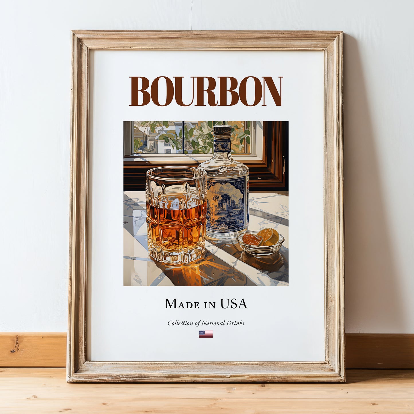 Bourbon – American Spirit Drink, Cocktail Lounge Wall Art, in wooden frame leaning on the floor