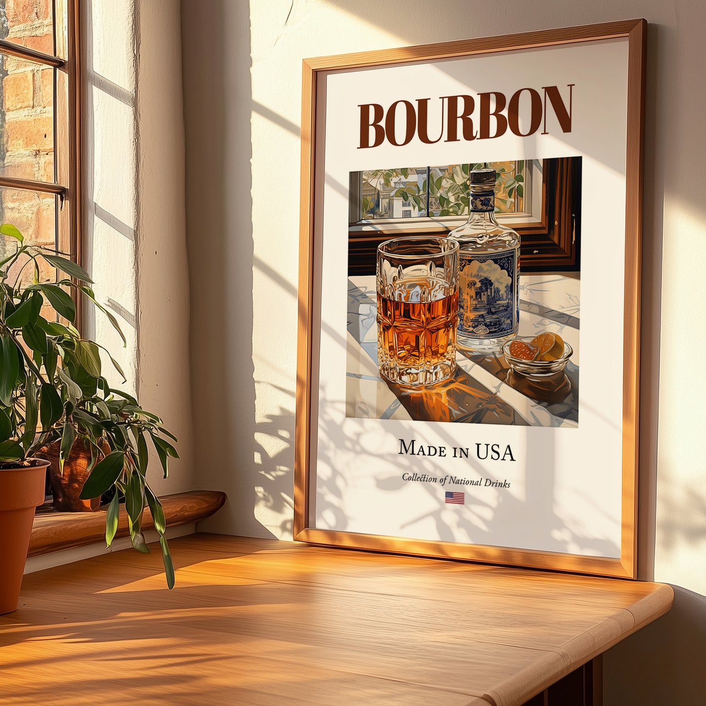 Bourbon – American Spirit Drink, Cocktail Lounge Wall Art, no-text version framed in wood