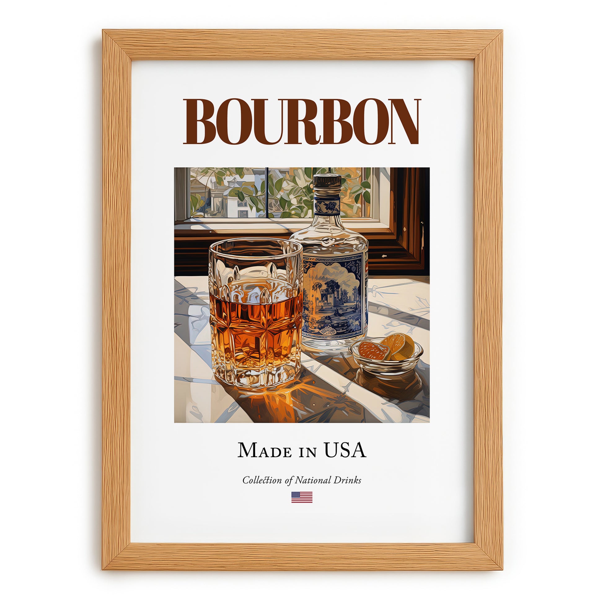 Bourbon – American Spirit Drink, Cocktail Lounge Wall Art, set in oak frame