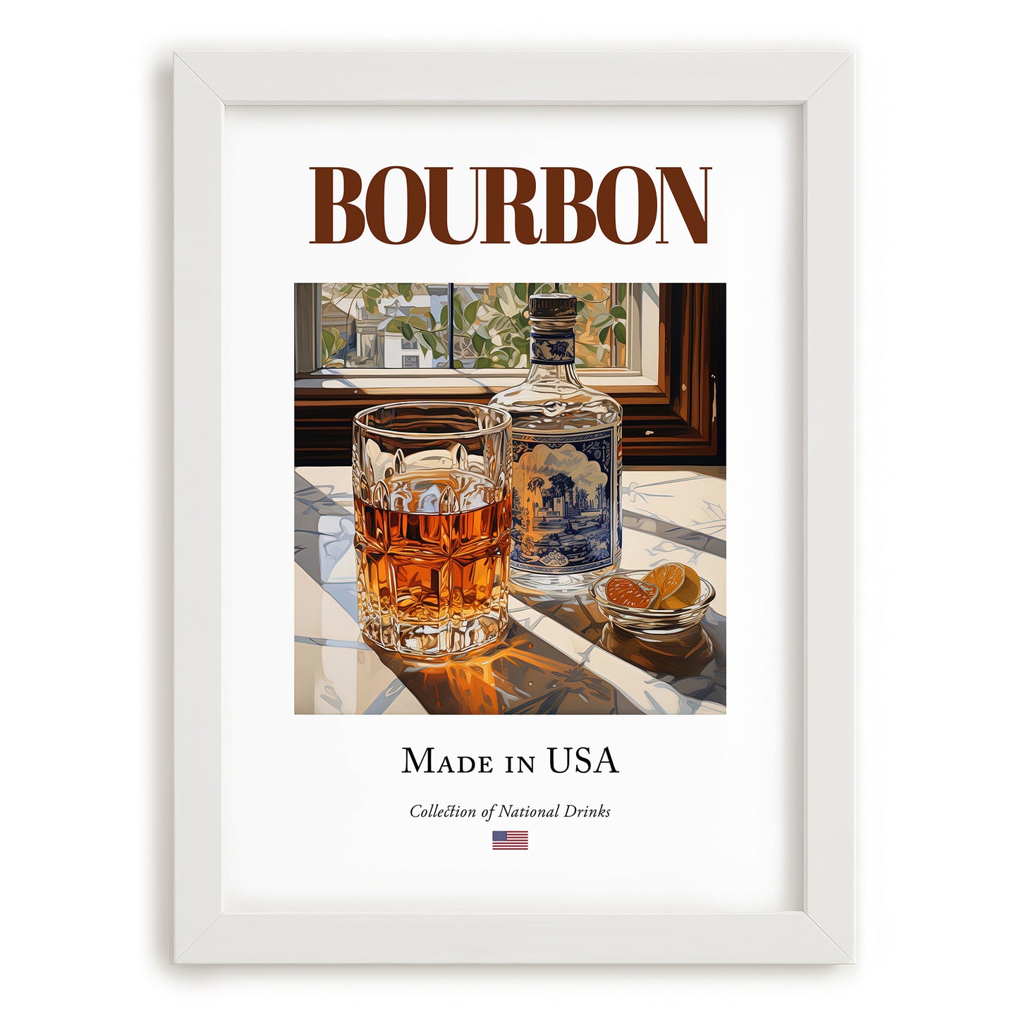 Bourbon – American Spirit Drink, Cocktail Lounge Wall Art, placed in minimal white frame