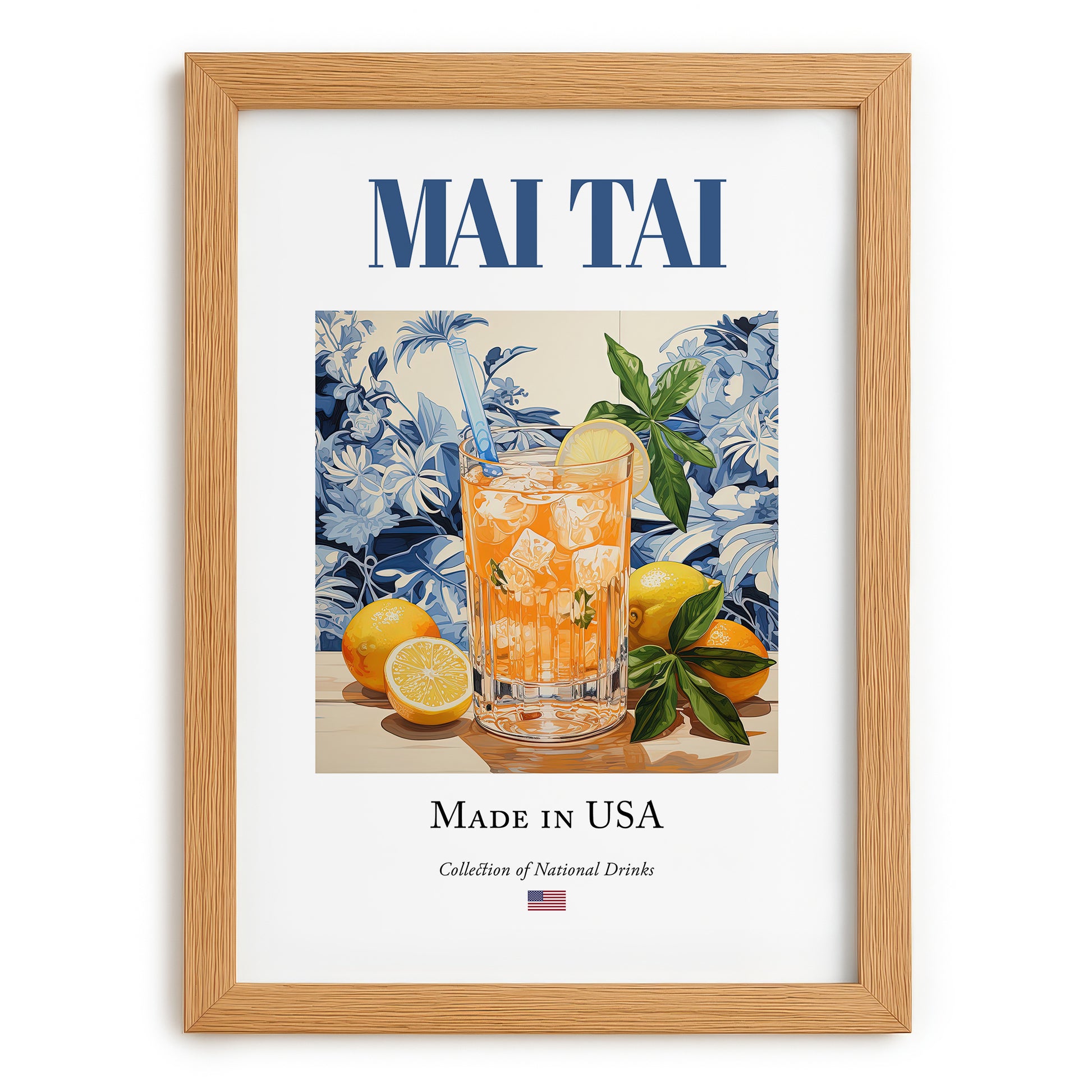 Mai Tai – American Cocktail Drink, Cocktail Lounge Wall Art, set in oak frame