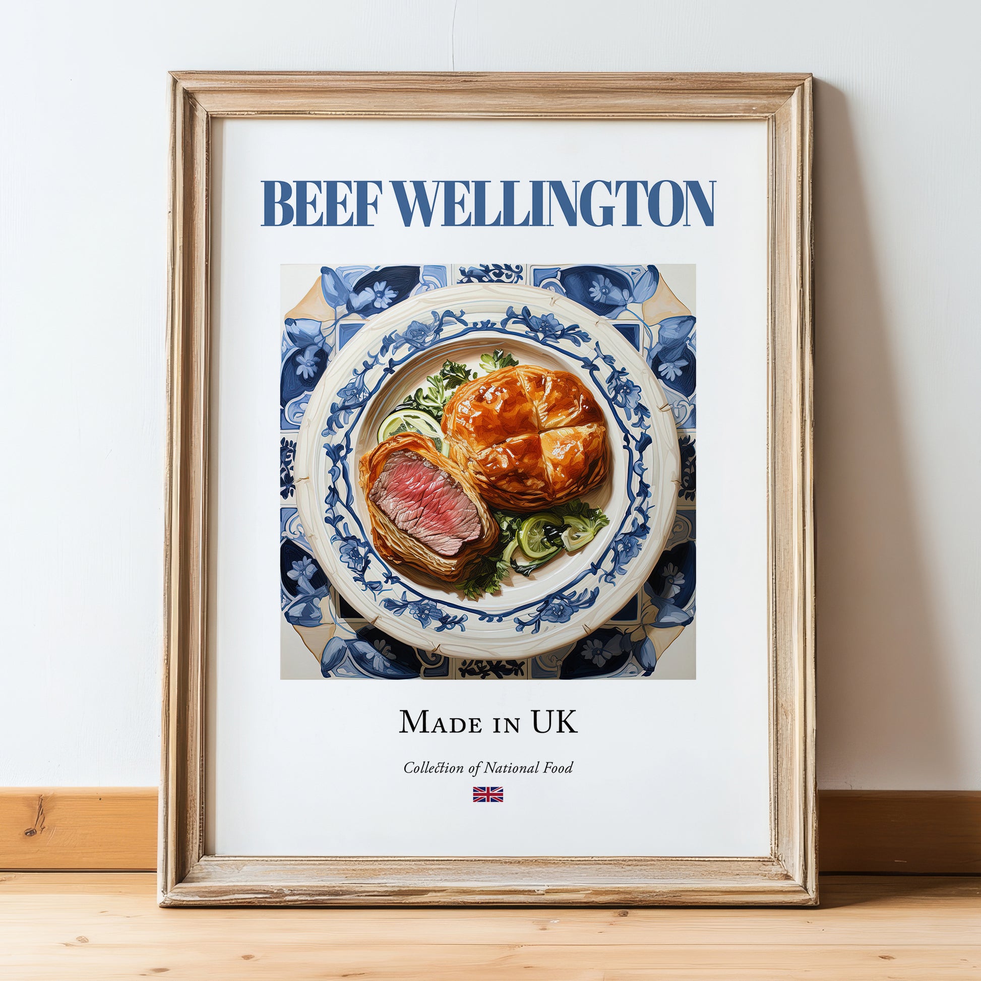 Beef Wellington – English Meat Dish, Farmhouse Kitchen Poster, in wooden frame leaning on the floor