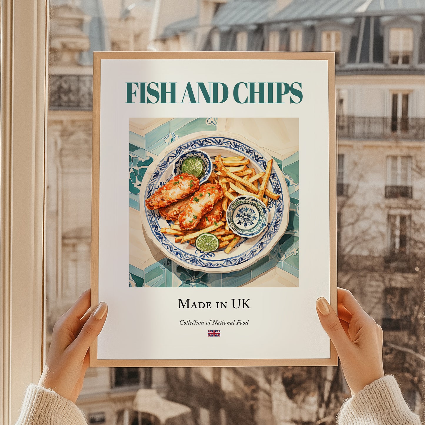 Fish and Chips – English Dish, Food Bar Poster, styled in a charming Paris street view