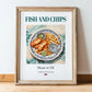 Fish and Chips – English Dish, Food Bar Poster, in wooden frame leaning on the floor