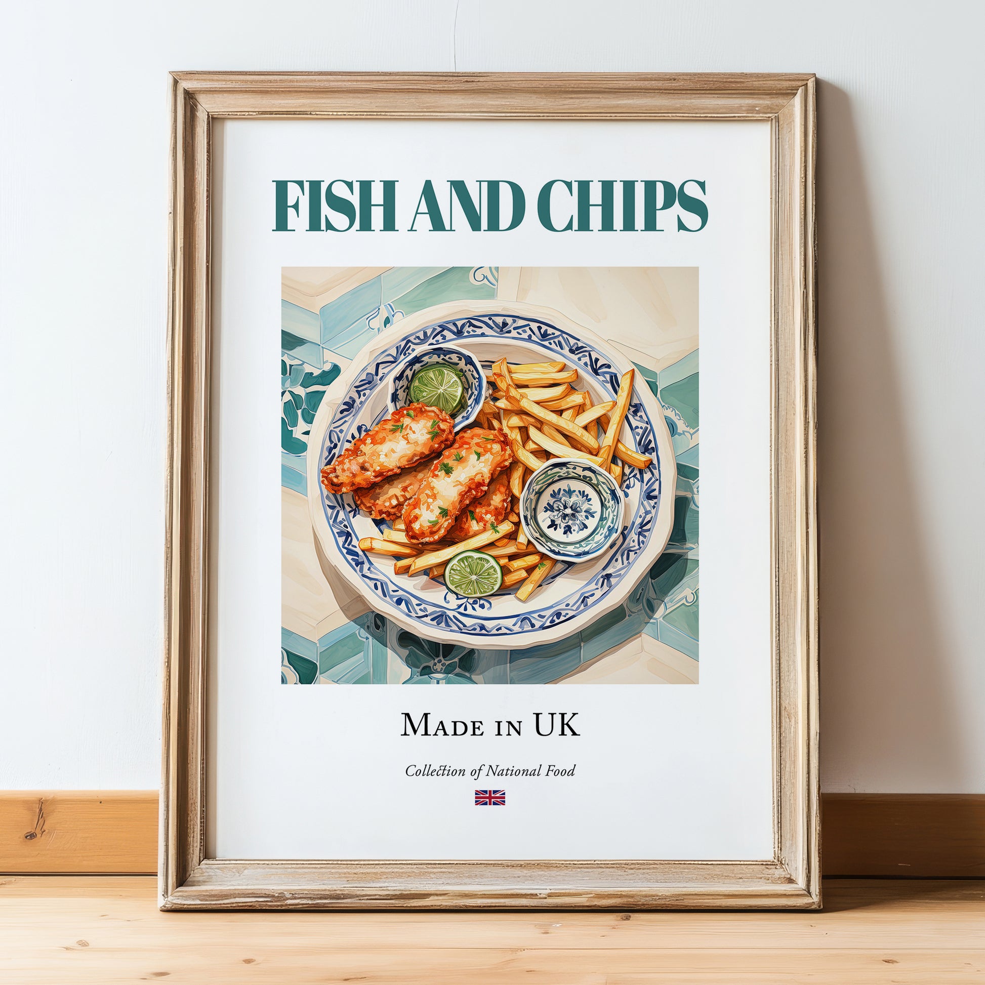 Fish and Chips – English Dish, Food Bar Poster, in wooden frame leaning on the floor