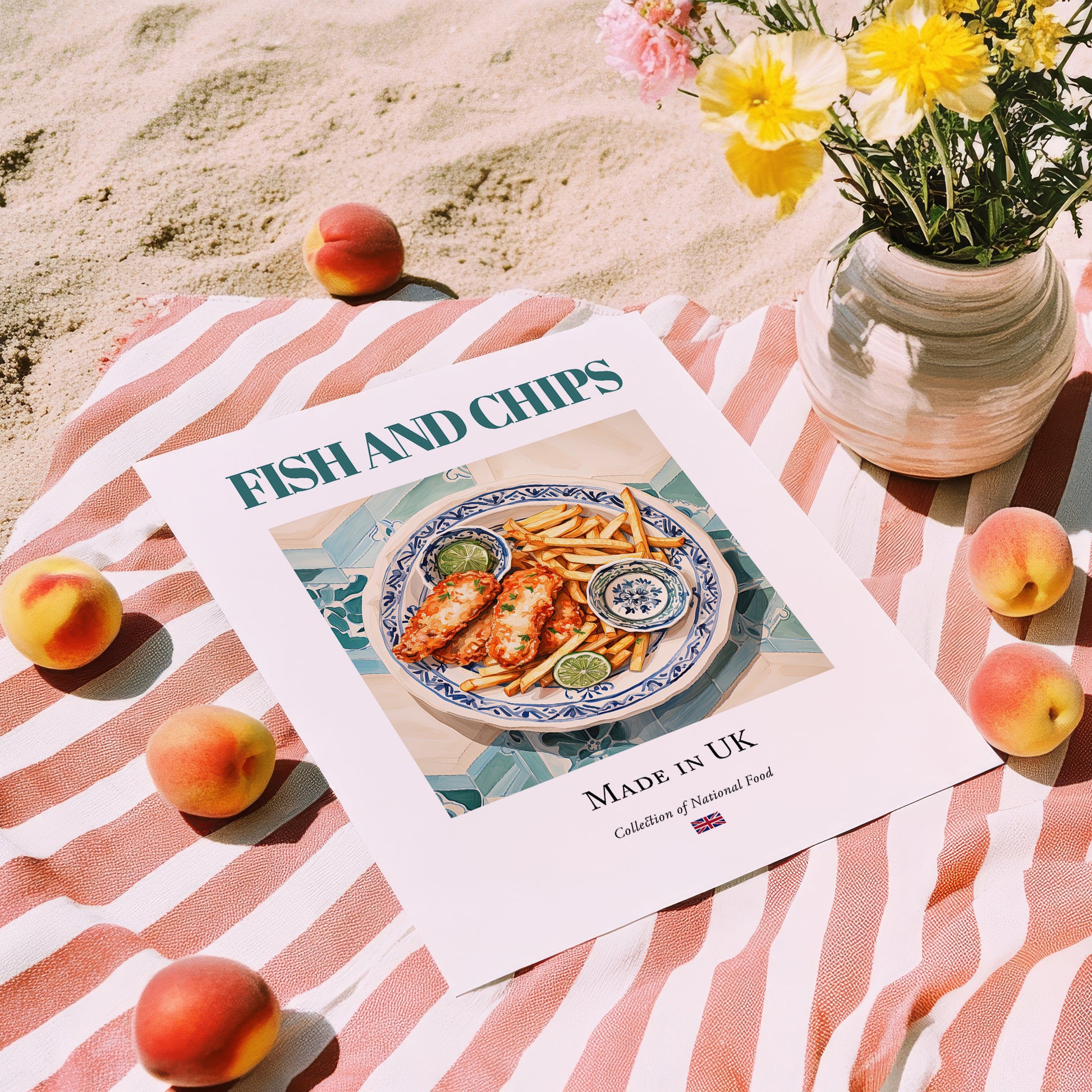 Fish and Chips – English Dish, Food Bar Poster, unframed on coastal sand