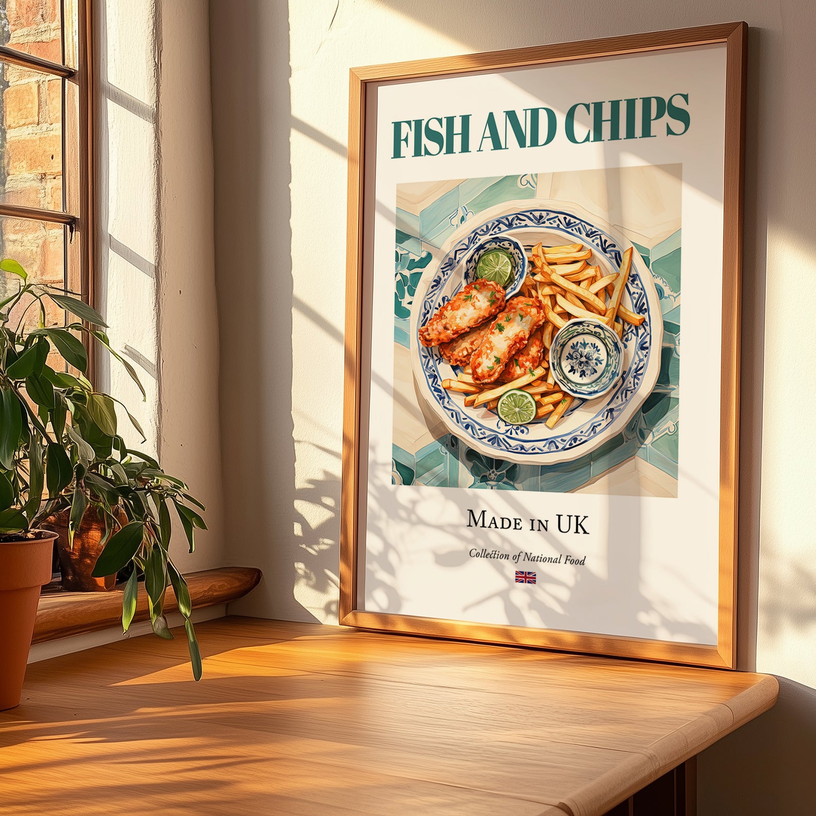 Fish and Chips – English Dish, Food Bar Poster, no-text version framed in wood