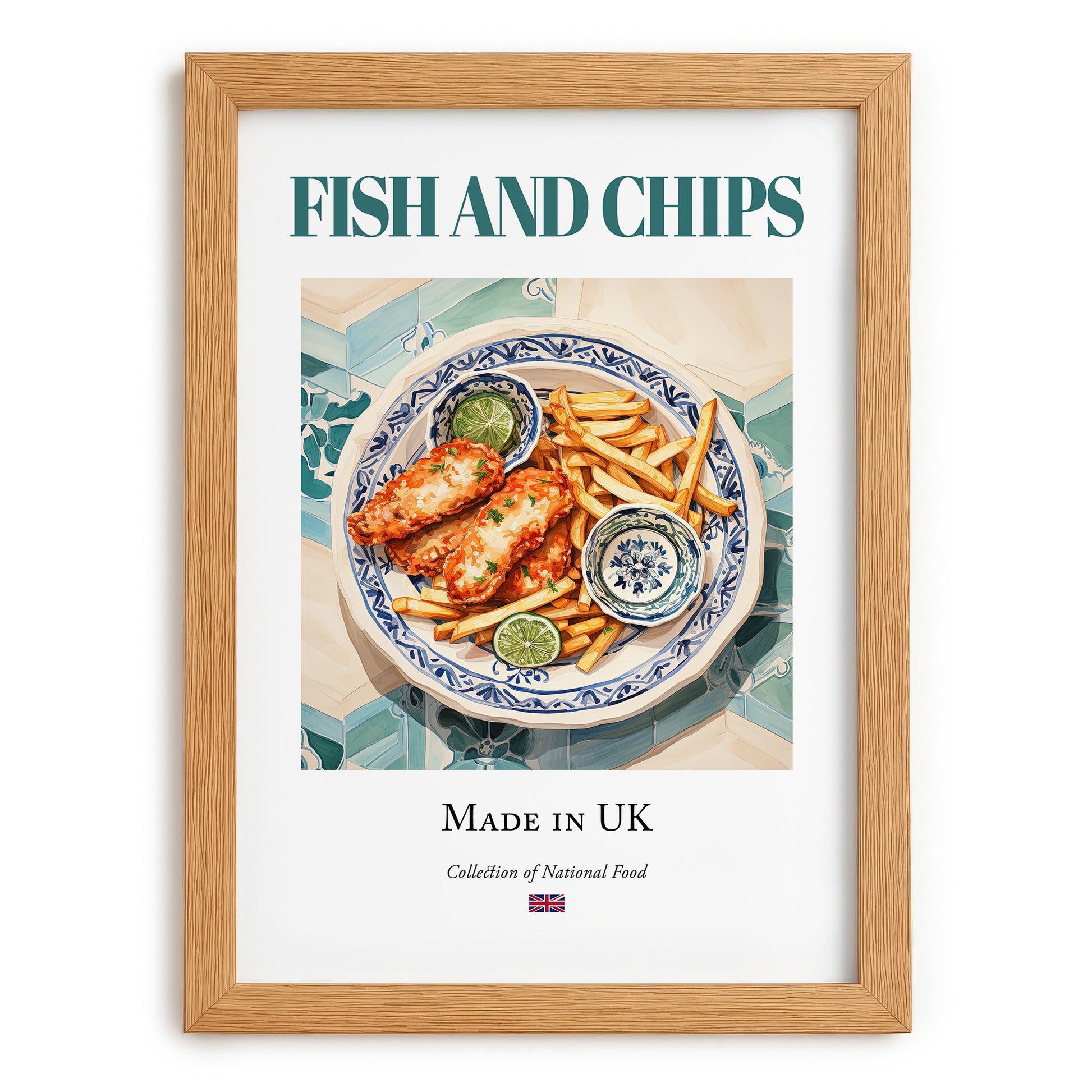 Fish and Chips – English Dish, Food Bar Poster, set in oak frame