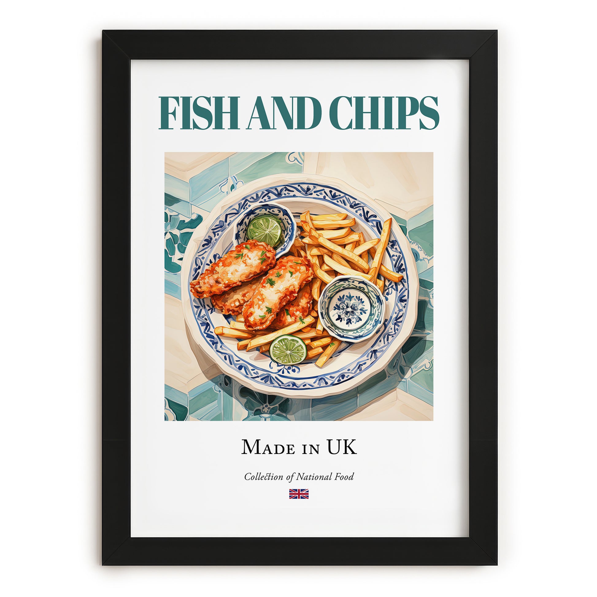 Fish and Chips – English Dish, Food Bar Poster, in sleek black frame