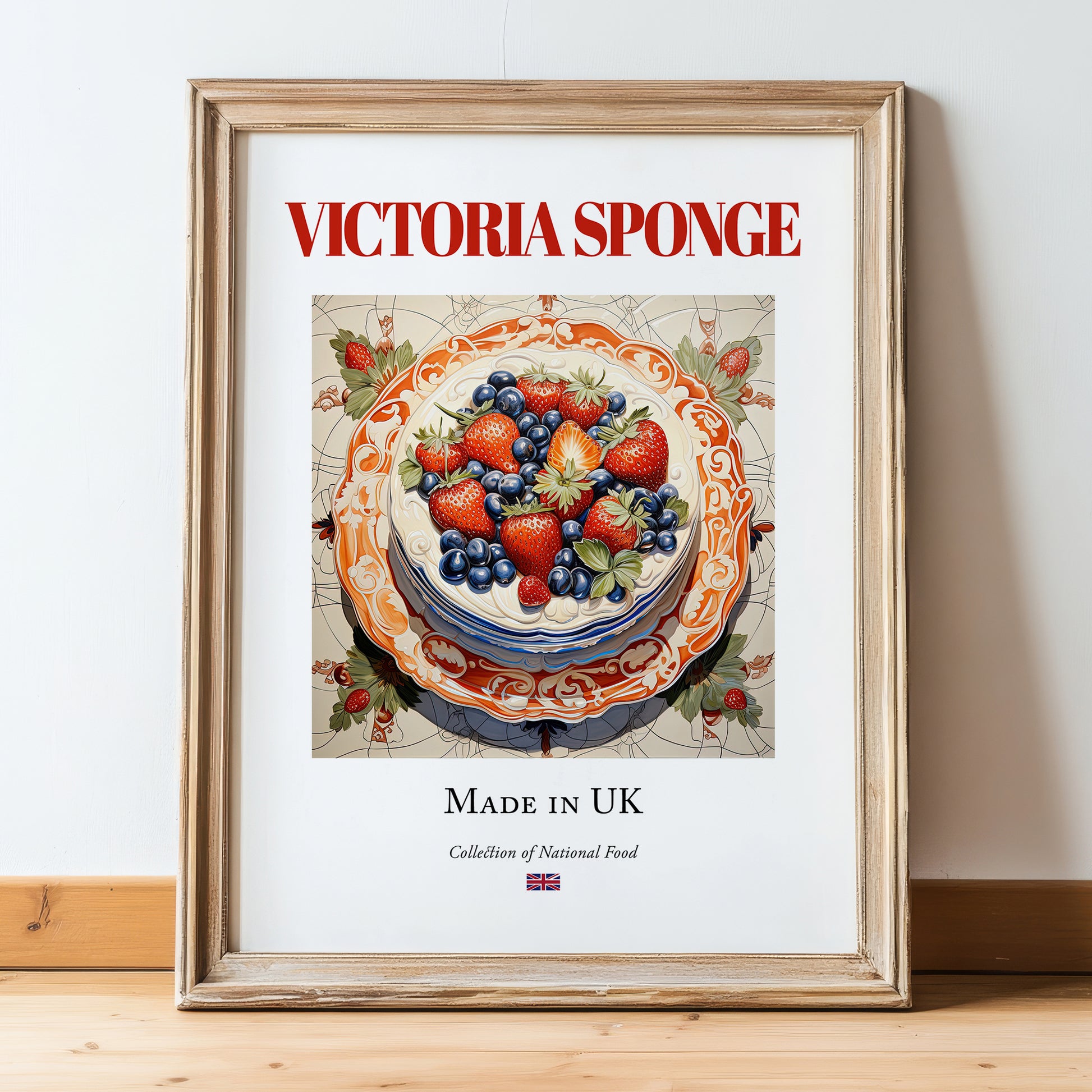 Victoria Sponge – English Dessert Dish, Fine Dining Restaurant Poster, in wooden frame leaning on the floor