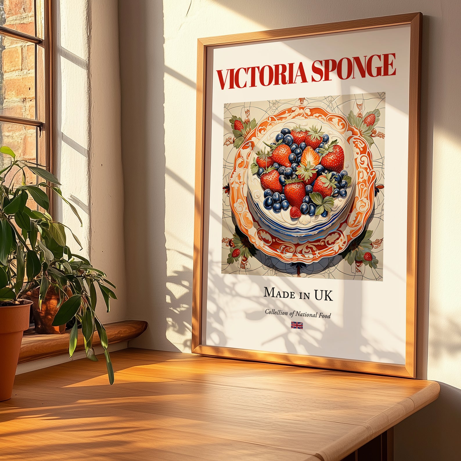 Victoria Sponge – English Dessert Dish, Fine Dining Restaurant Poster, no-text version framed in wood