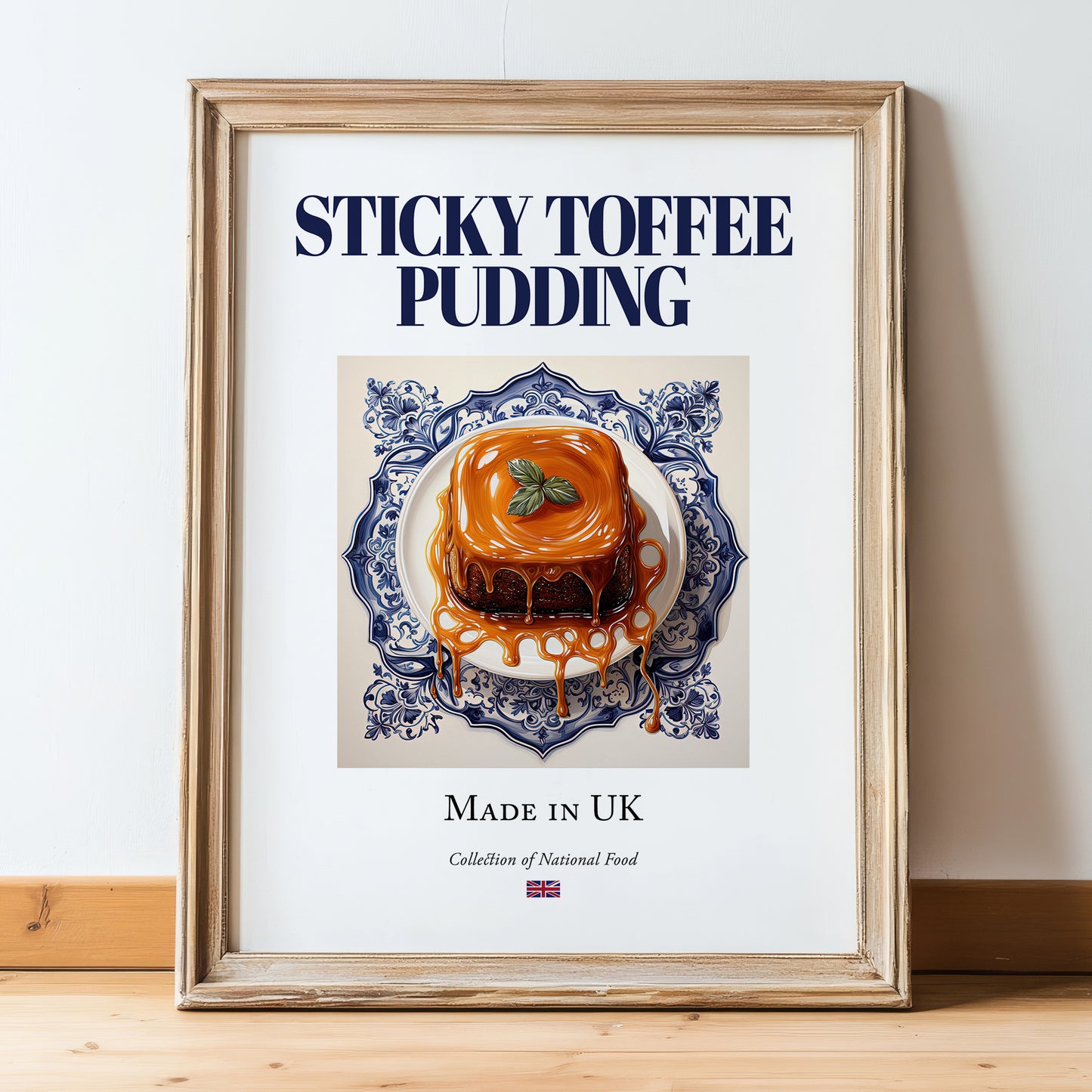 Sticky Toffee Pudding – English Dessert Dish, Café Wall Decor, in wooden frame leaning on the floor