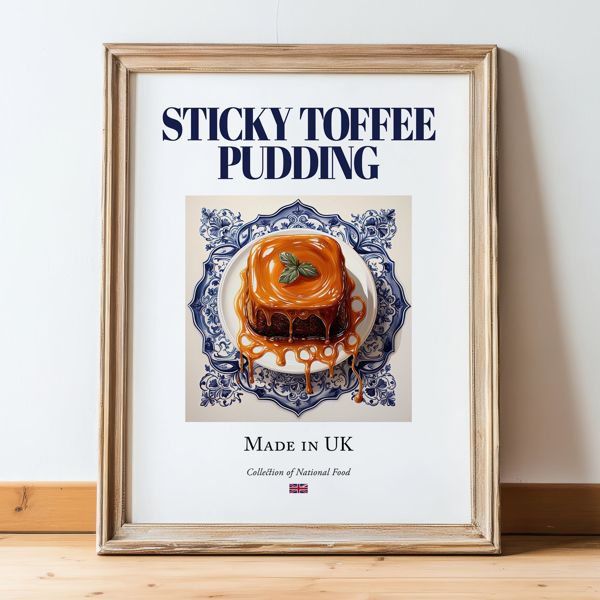 Sticky Toffee Pudding – English Dessert Dish, Café Wall Decor, in wooden frame leaning on the floor