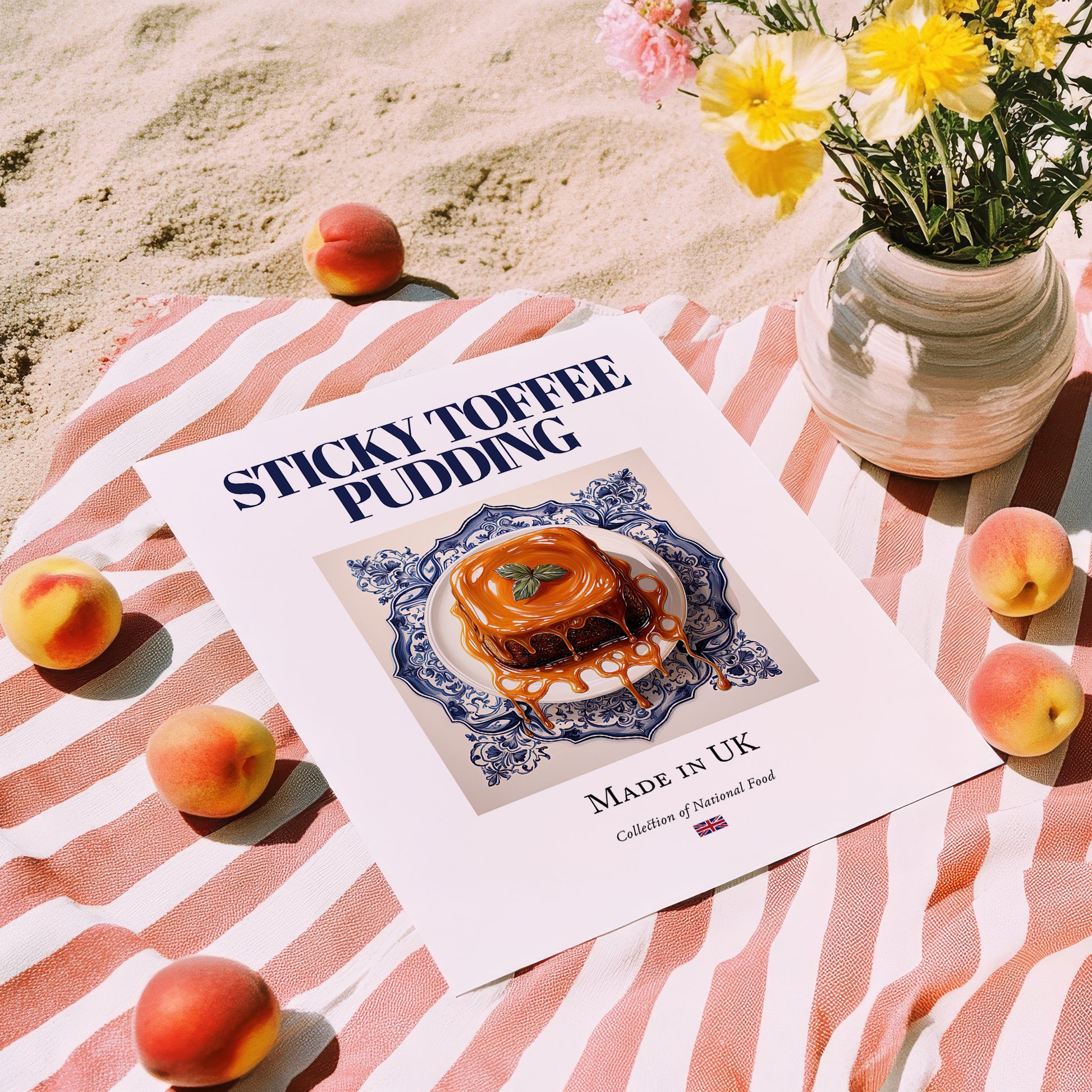 Sticky Toffee Pudding – English Dessert Dish, Café Wall Decor, unframed on coastal sand