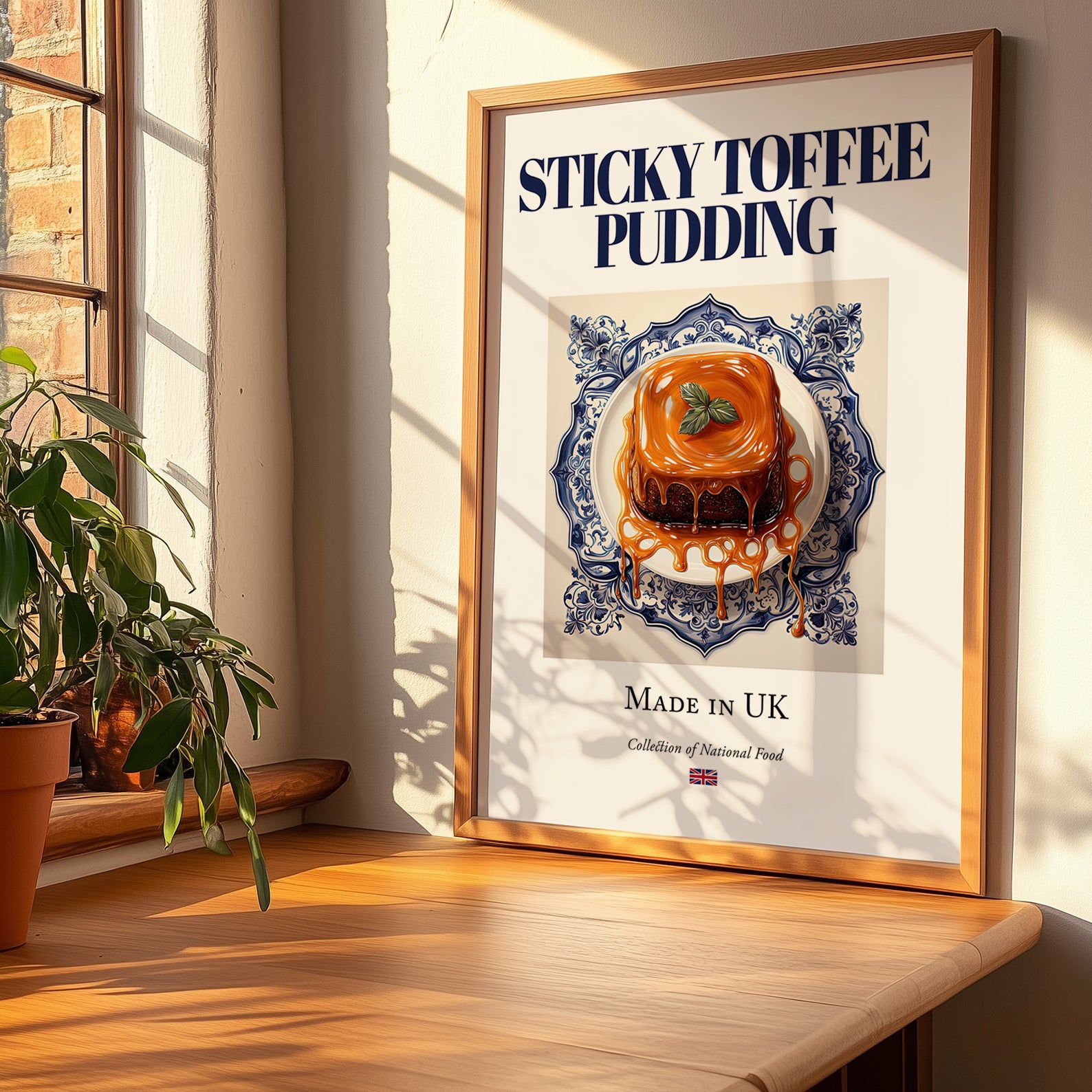 Sticky Toffee Pudding – English Dessert Dish, Café Wall Decor, no-text version framed in wood