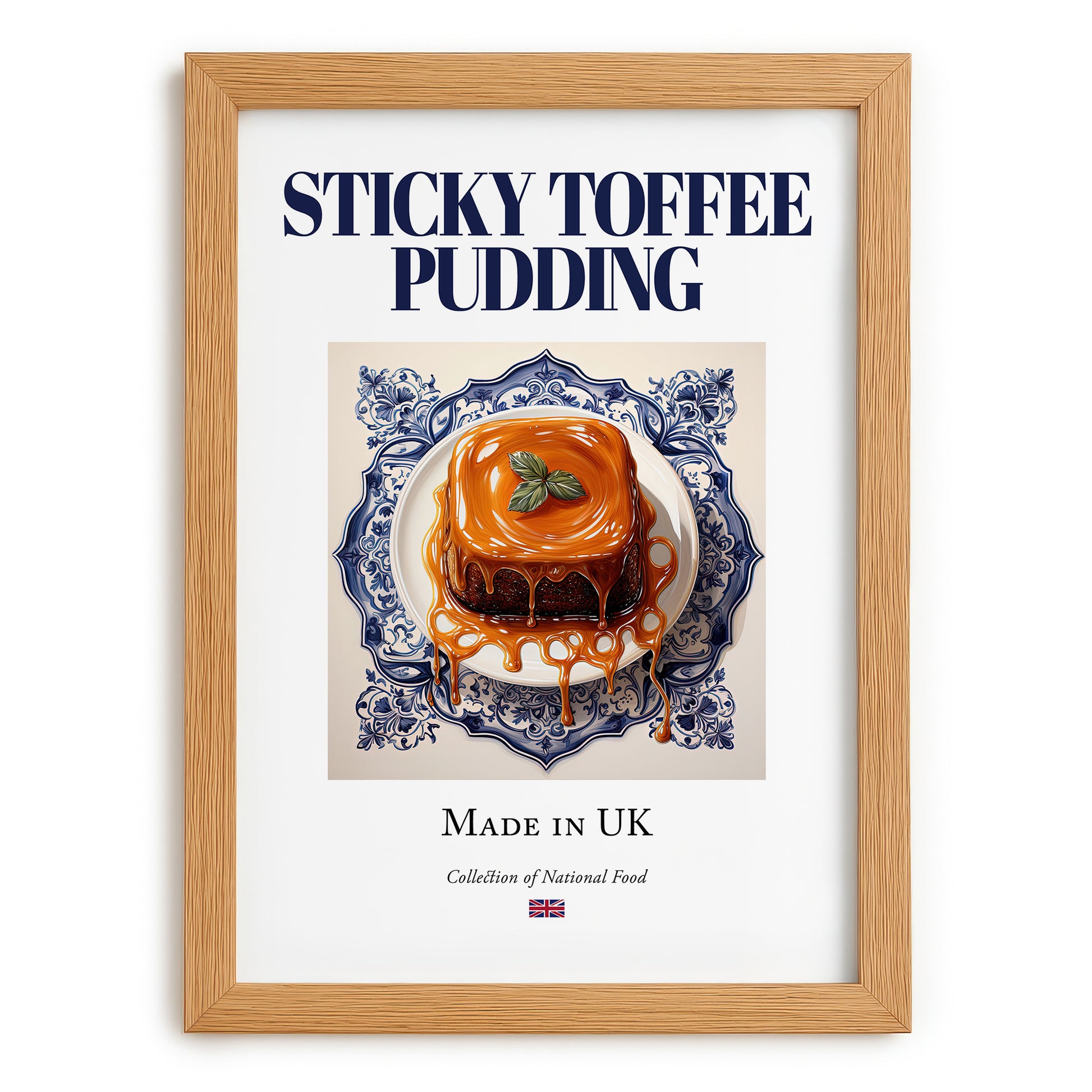 Sticky Toffee Pudding – English Dessert Dish, Café Wall Decor, set in oak frame