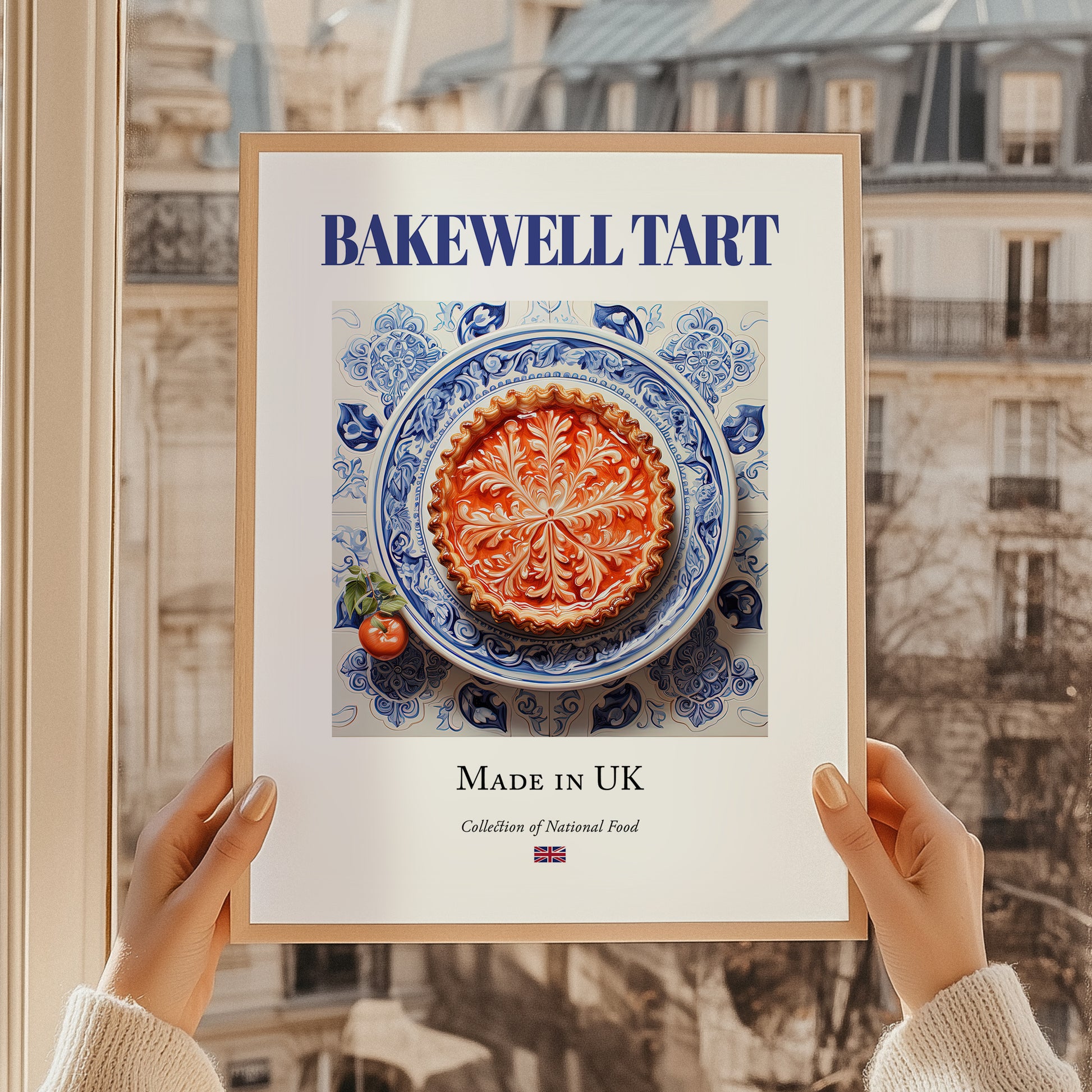 Bakewell Tart – English Dessert Dish, Farmhouse Kitchen Wall Art, styled in a charming Paris street view