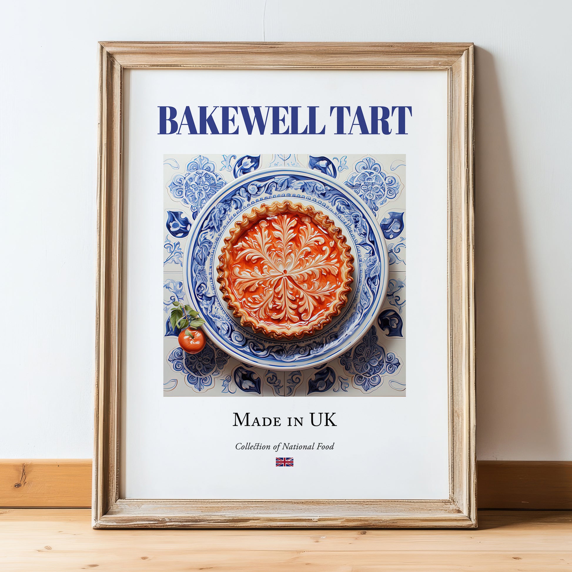 Bakewell Tart – English Dessert Dish, Farmhouse Kitchen Wall Art, in wooden frame leaning on the floor