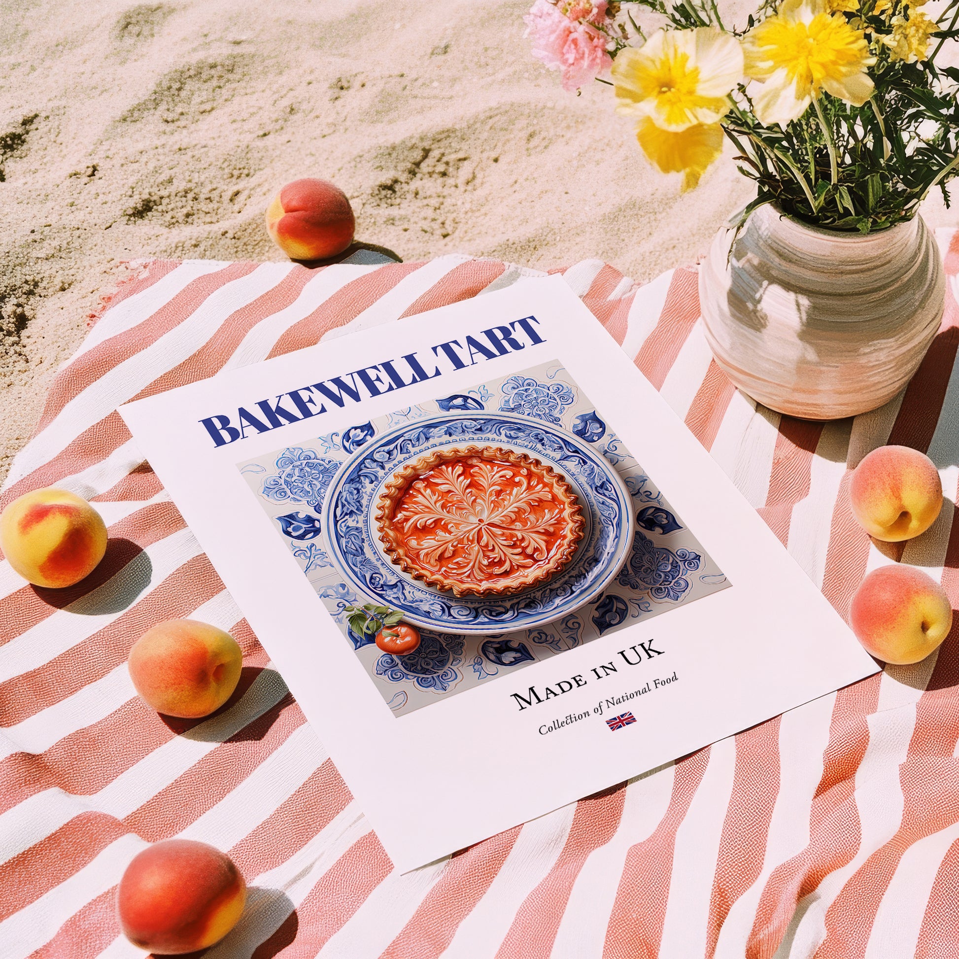 Bakewell Tart – English Dessert Dish, Farmhouse Kitchen Wall Art, unframed on coastal sand
