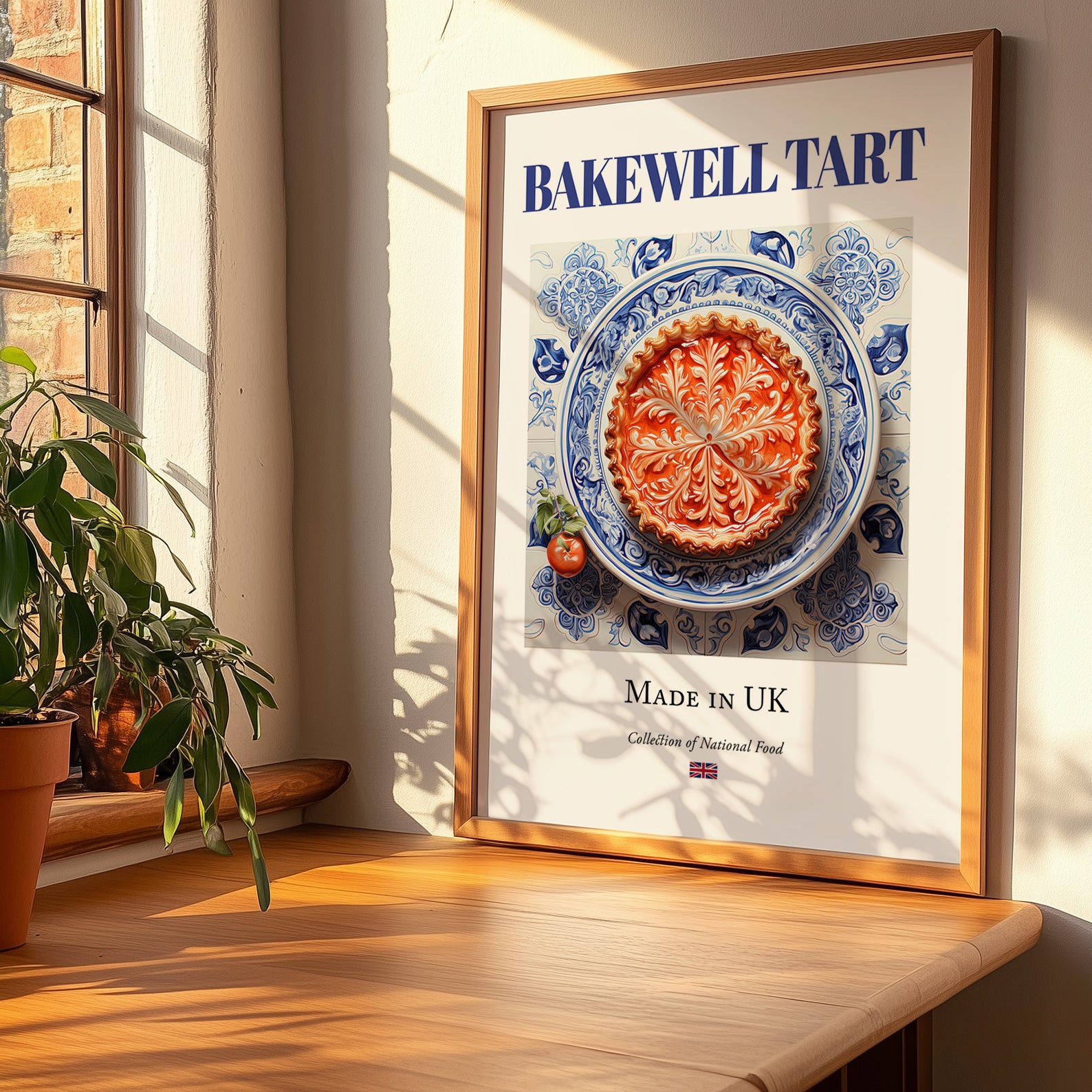 Bakewell Tart – English Dessert Dish, Farmhouse Kitchen Wall Art, no-text version framed in wood
