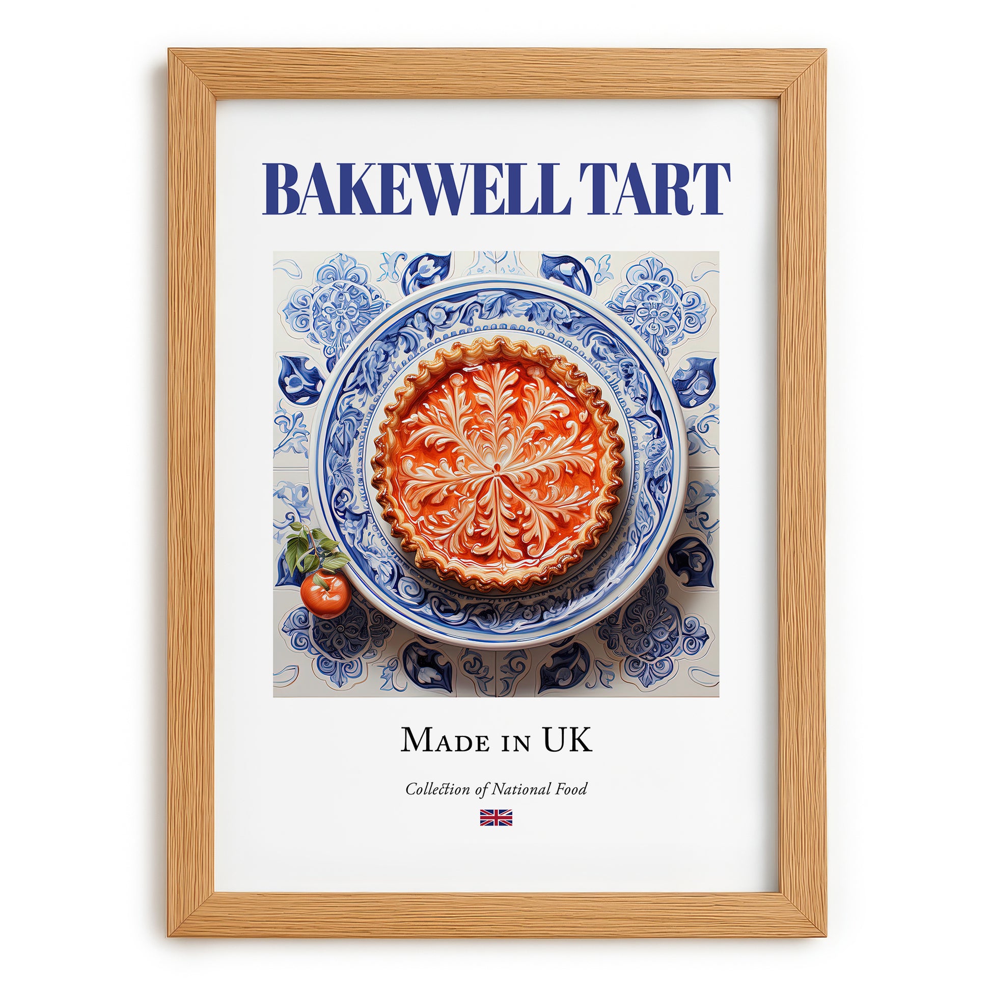 Bakewell Tart – English Dessert Dish, Farmhouse Kitchen Wall Art, set in oak frame