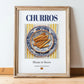 Churros – Spanish Dessert Dish, Farmhouse Kitchen Poster, in wooden frame leaning on the floor