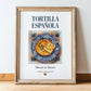Tortilla Española (Spanish Omelette) – Spanish Dish, Bistro Illustration, in wooden frame leaning on the floor