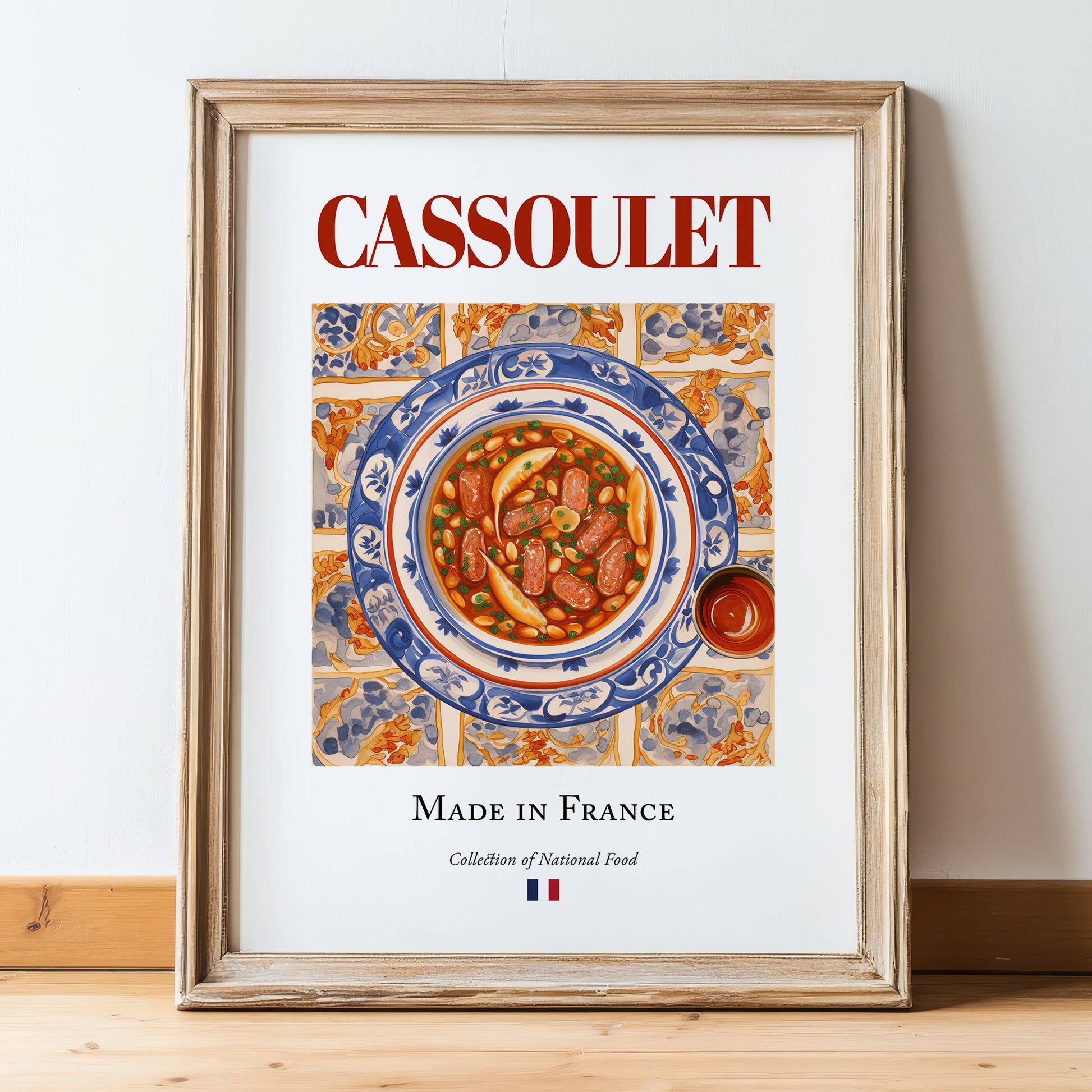 Cassoulet – French Stew Dish, Restaurant Print, in wooden frame leaning on the floor
