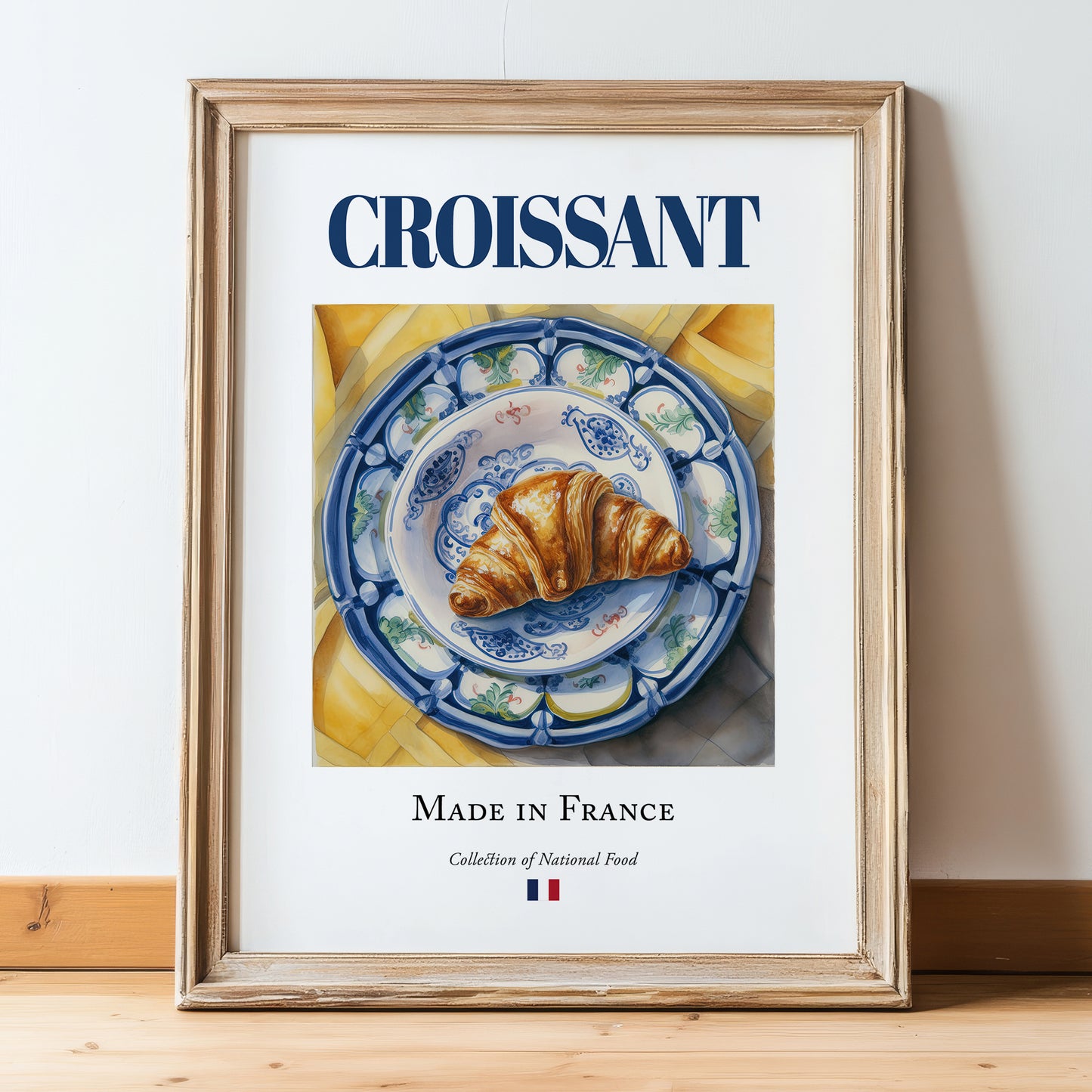 Croissant – French Bread Dish, Farmhouse Kitchen Wall Art, in wooden frame leaning on the floor