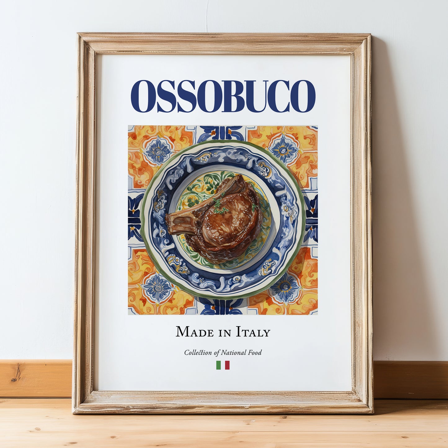 Ossobuco – Italian Meat Dish, Tavern Illustration, in wooden frame leaning on the floor