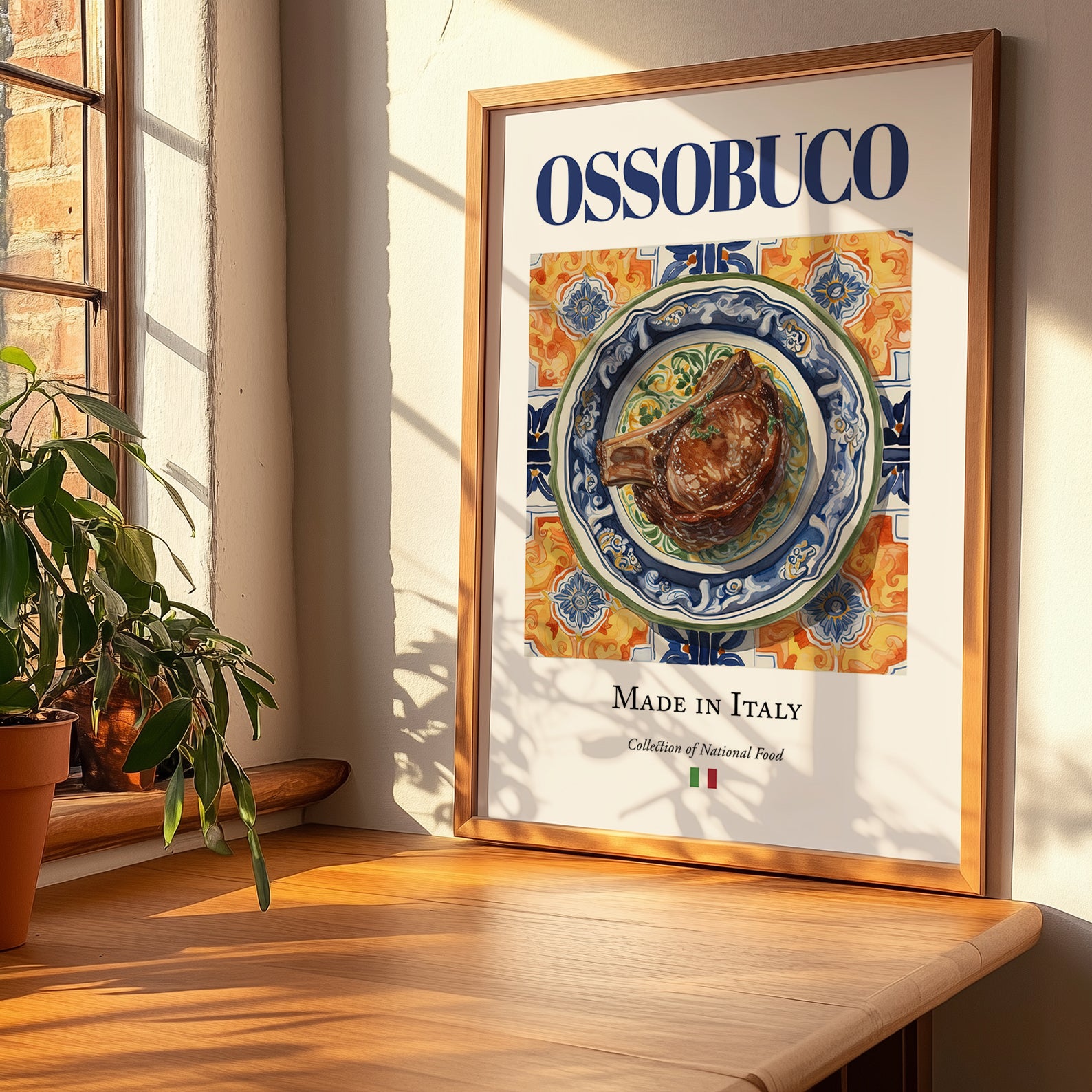 Ossobuco – Italian Meat Dish, Tavern Illustration, no-text version framed in wood