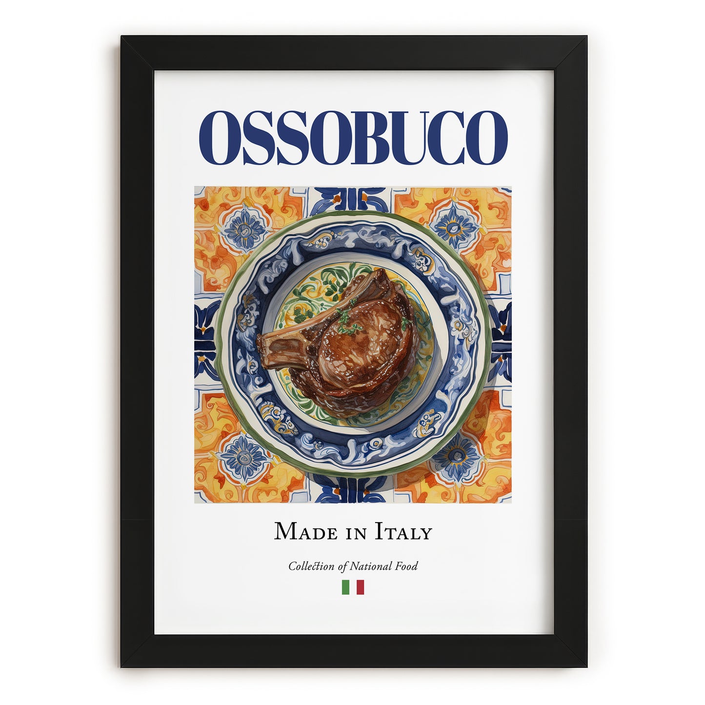 Ossobuco – Italian Meat Dish, Tavern Illustration, in sleek black frame