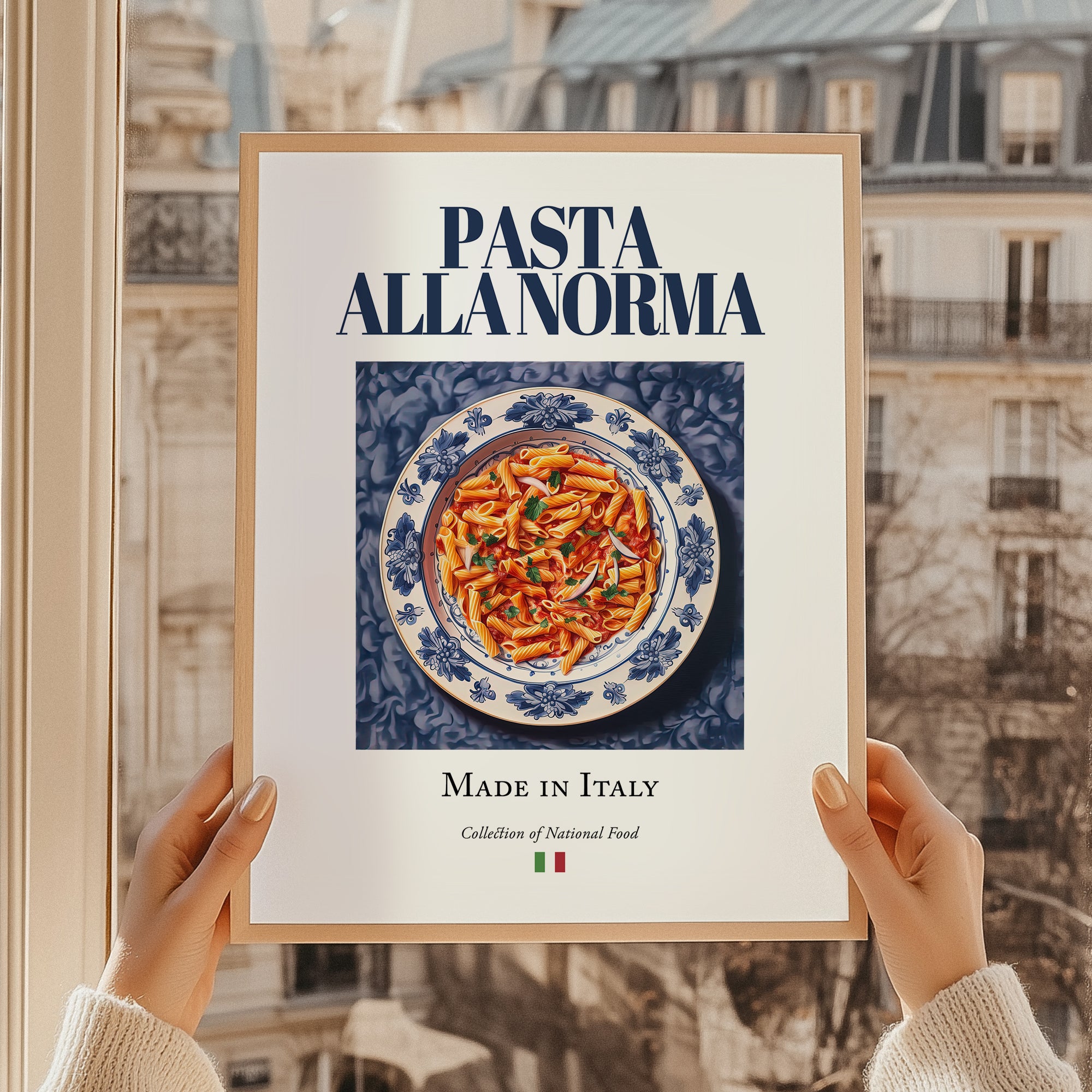 Pasta alla Norma – Italian Pasta, Osteria Wall Art, styled in a charming Paris street view