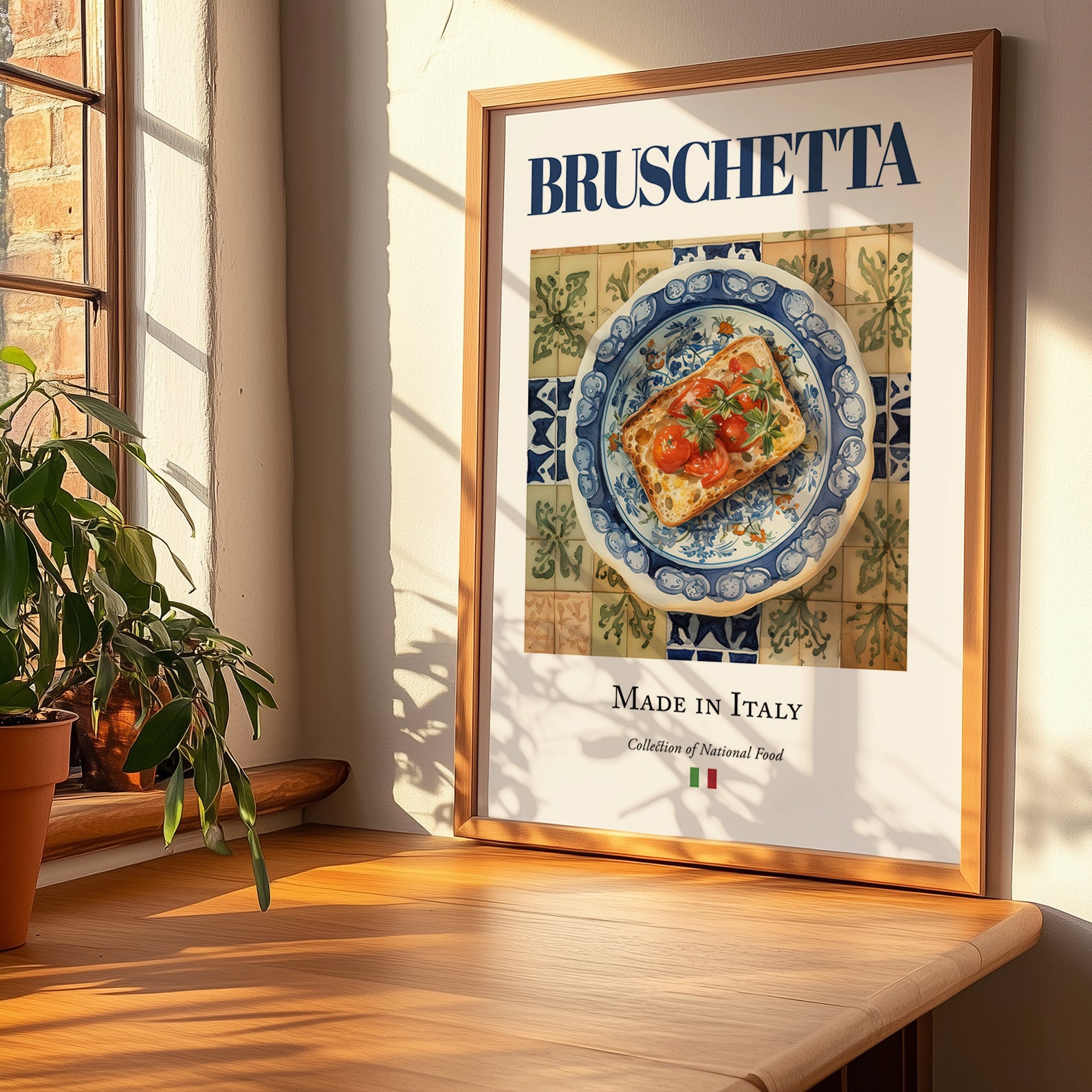 Bruschetta – Italian Snack Dish, Café Wall Art, no-text version framed in wood