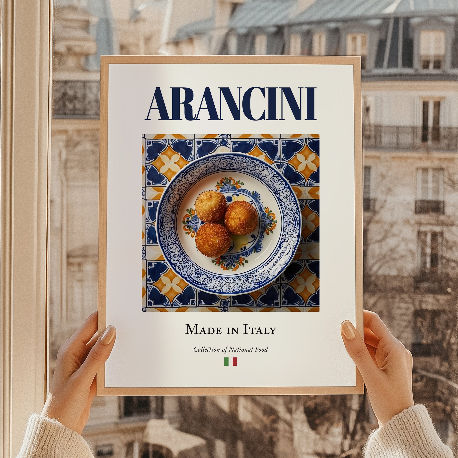 Arancini – Italian Snack Dish, Farmhouse Kitchen Poster, styled in a charming Paris street view