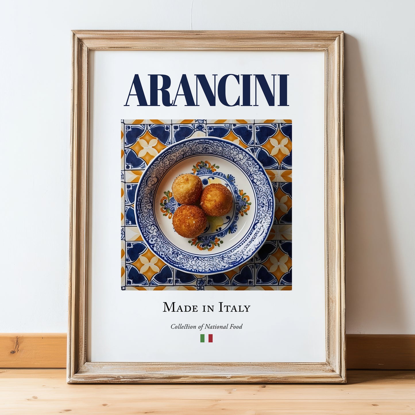 Arancini – Italian Snack Dish, Farmhouse Kitchen Poster, in wooden frame leaning on the floor