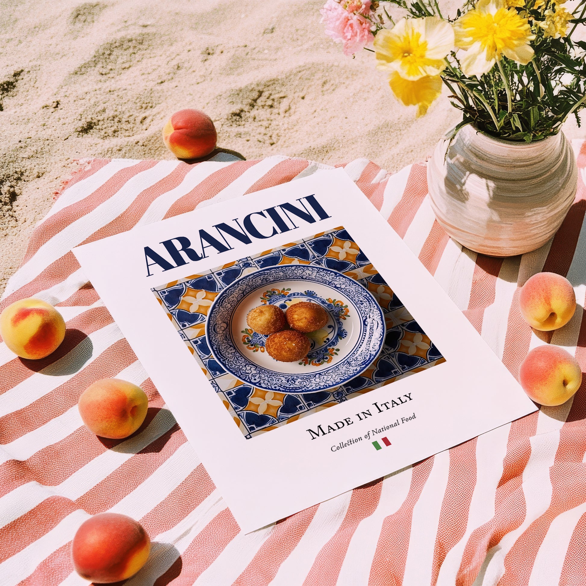 Arancini – Italian Snack Dish, Farmhouse Kitchen Poster, unframed on coastal sand