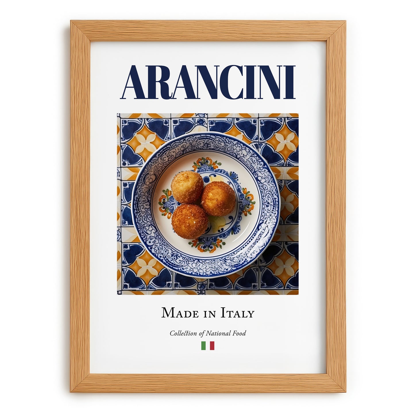 Arancini – Italian Snack Dish, Farmhouse Kitchen Poster, set in oak frame
