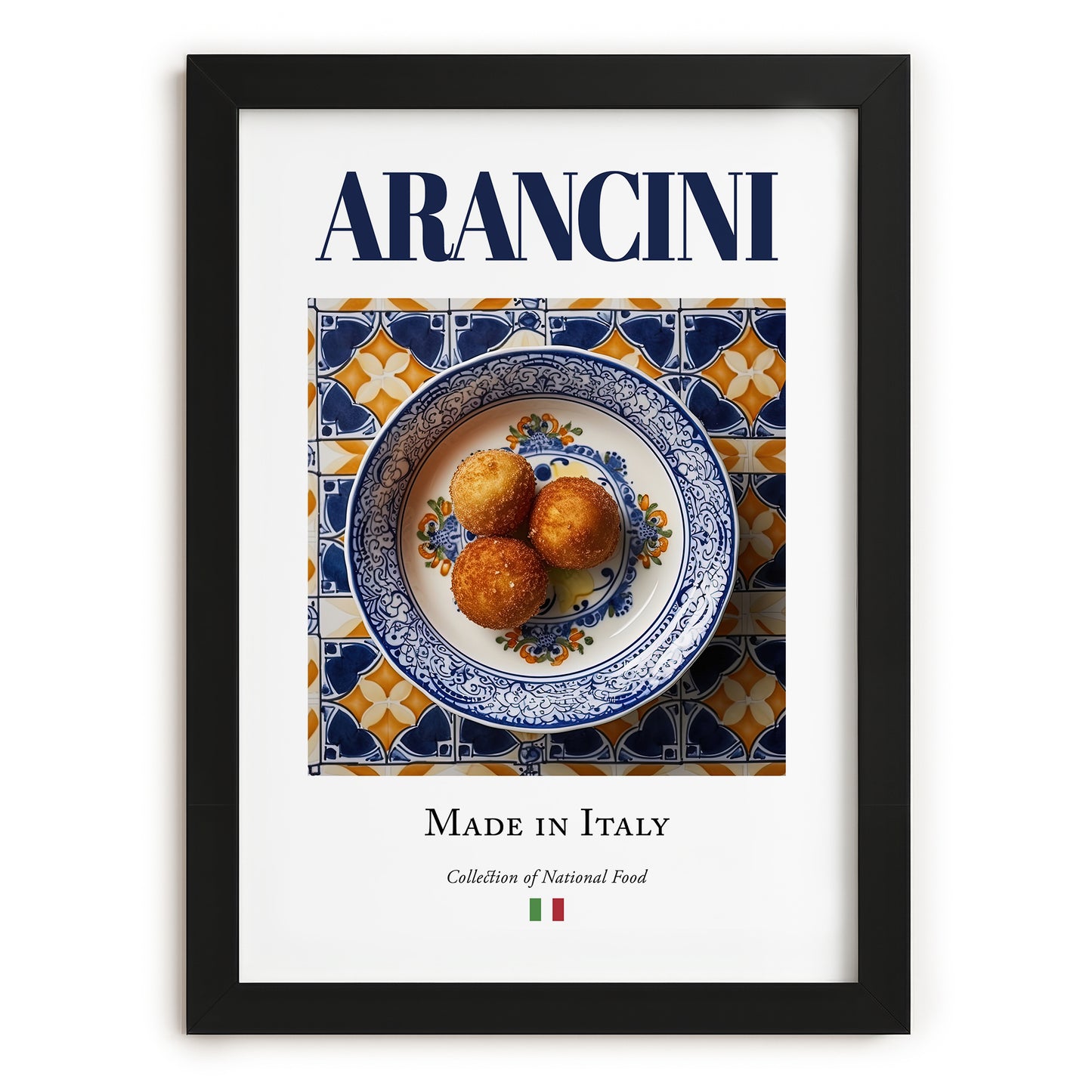 Arancini – Italian Snack Dish, Farmhouse Kitchen Poster, in sleek black frame